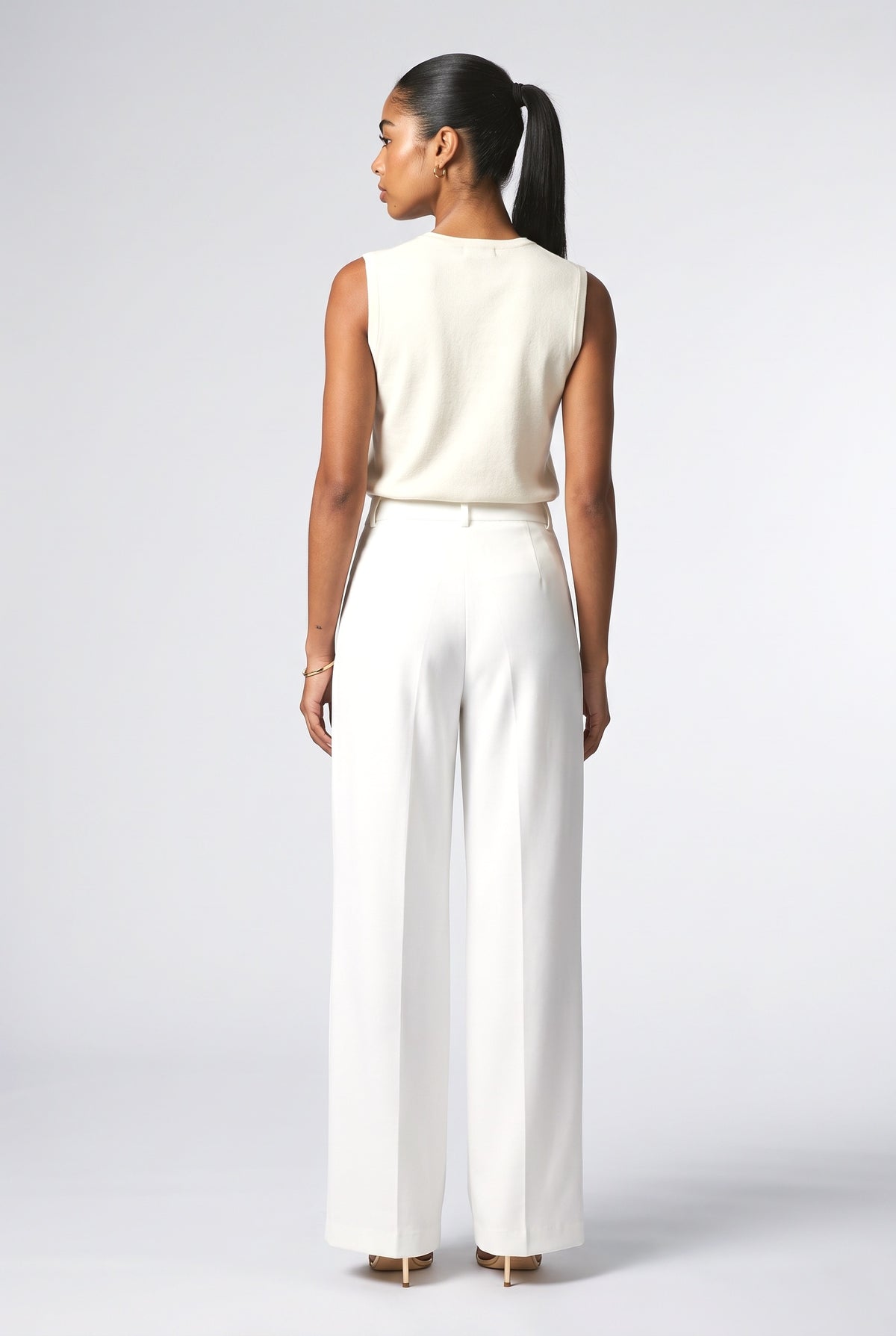 White High Waist Wide Leg Pants Without Belt, back view