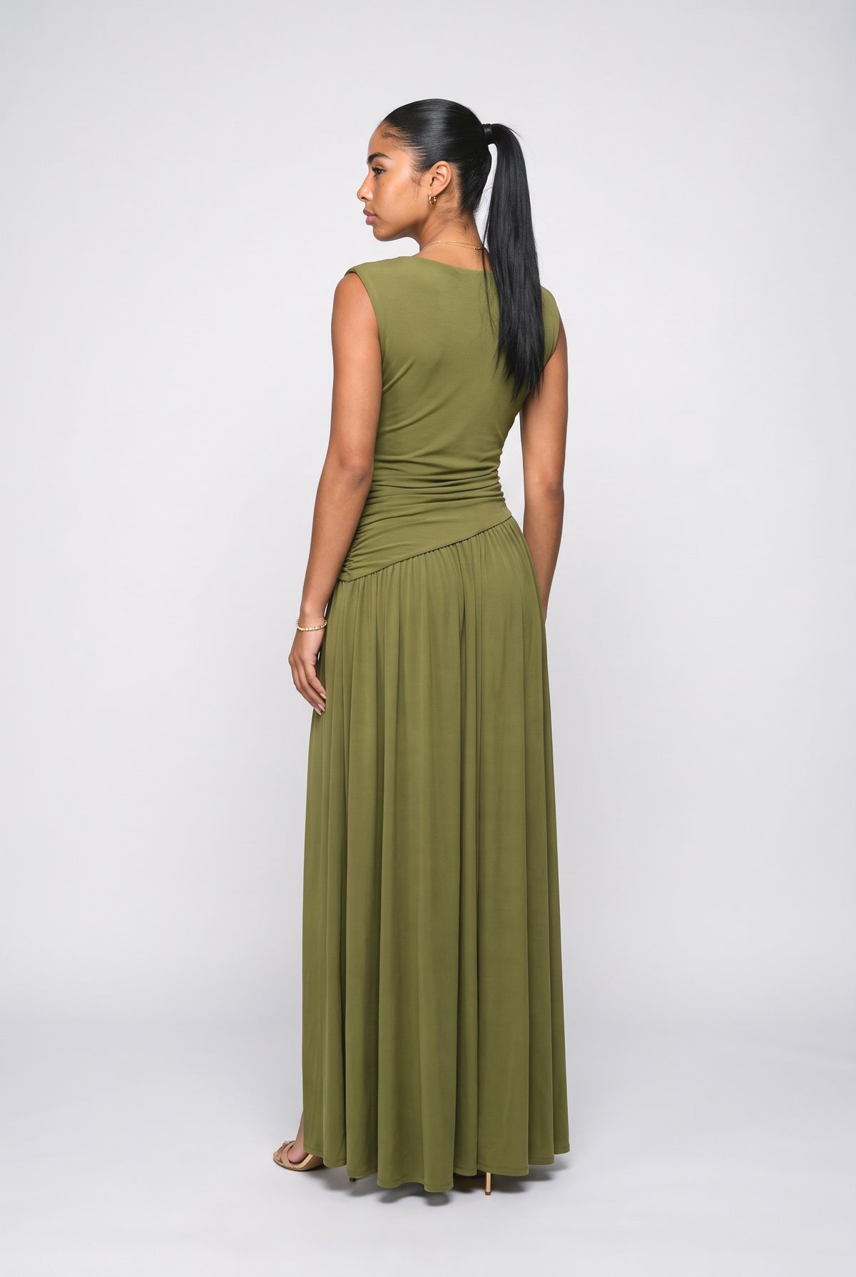 Draped Ruched High Slit Party Maxi Dress, back view