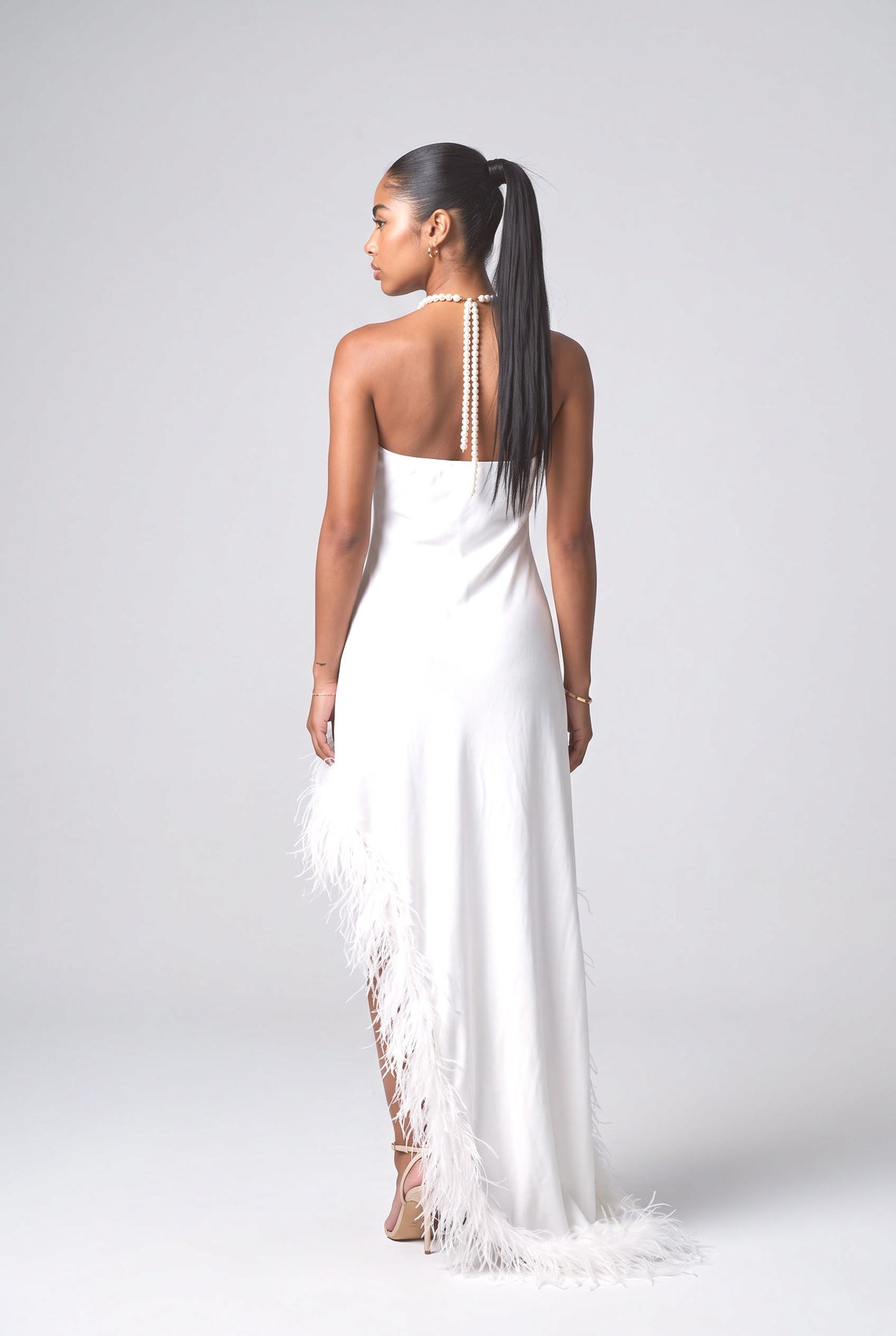 White Halter Neck Feather Trim Maxi Dress, back view