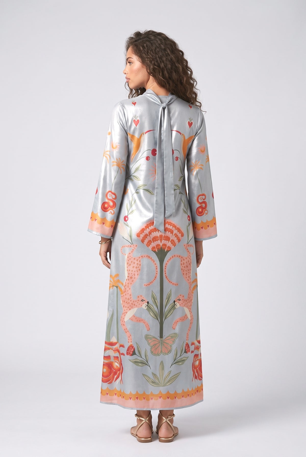 Azure Dream Printed Tie Neck Maxi Dress, back view