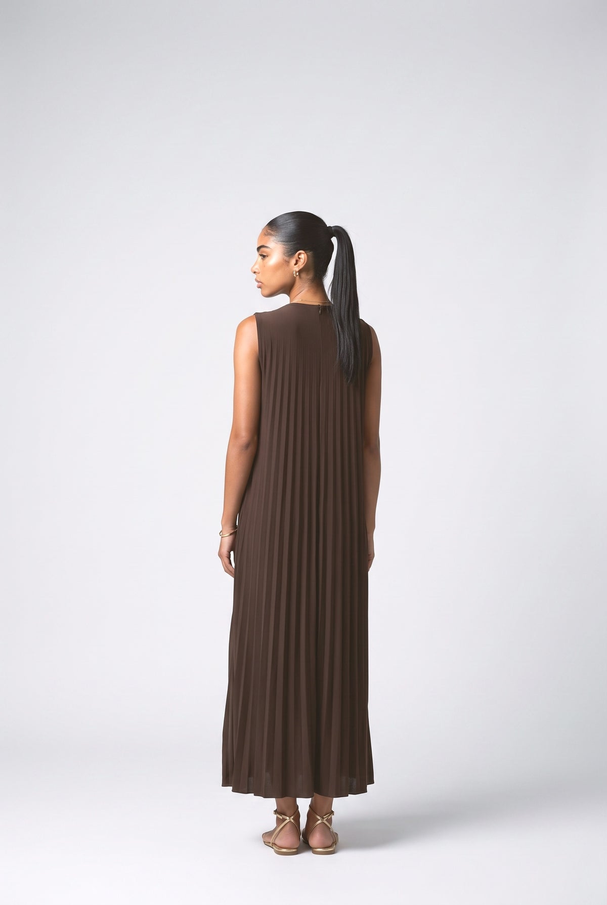 Brown Long Sleeve Pleated Maxi Dress, back view