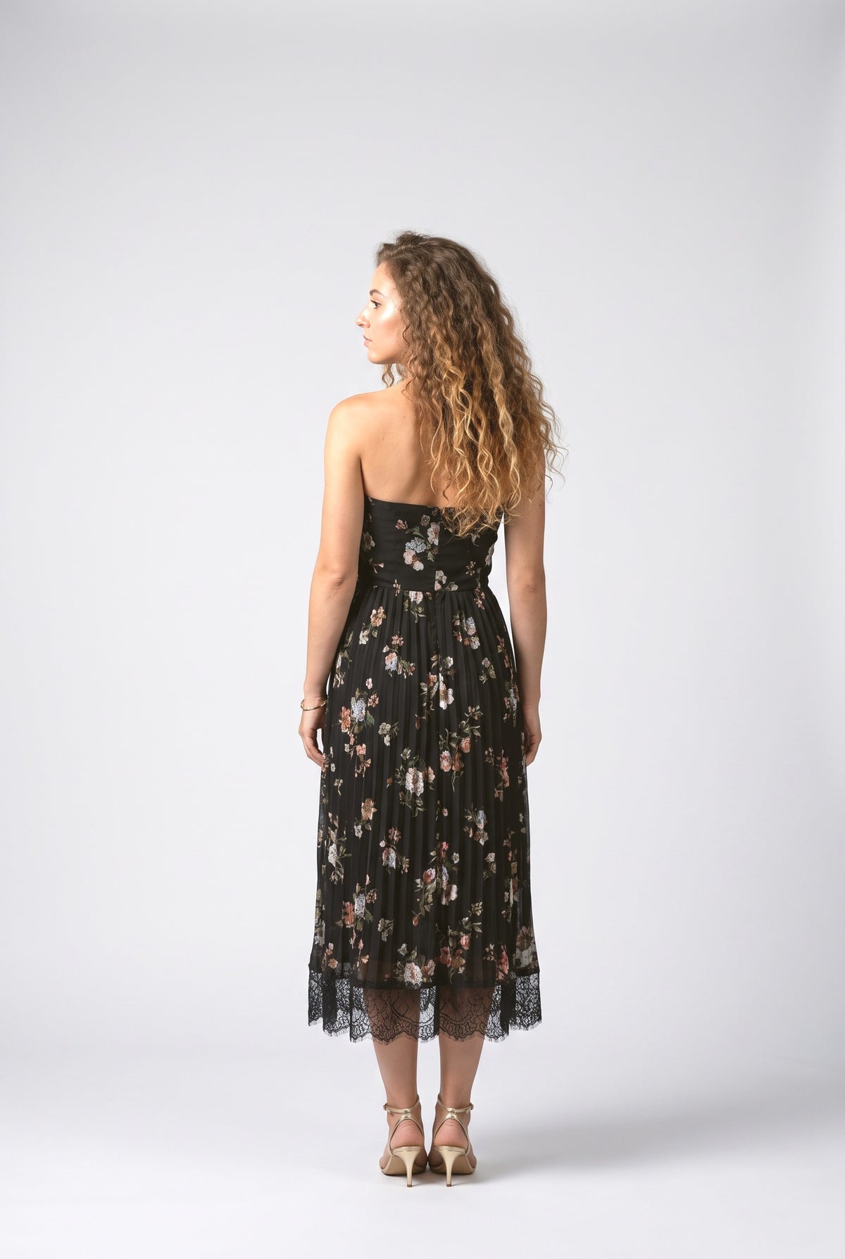 Black Print Lace Strapless Pleated Midi Dress, back view