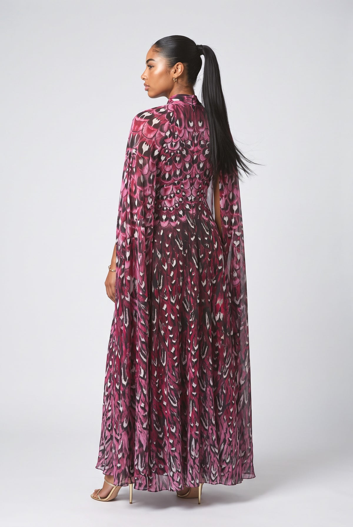 Multicolor Floral Cape Maxi Dress, back view