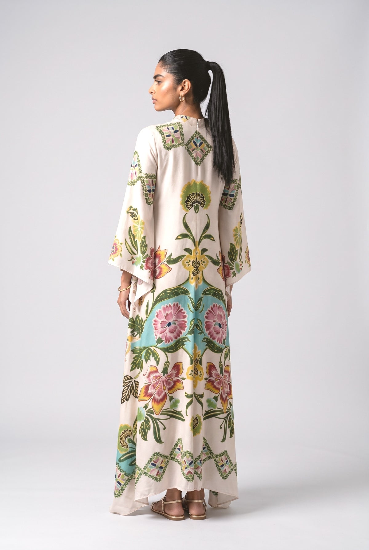 Beige Floral Maxi Dress, back view