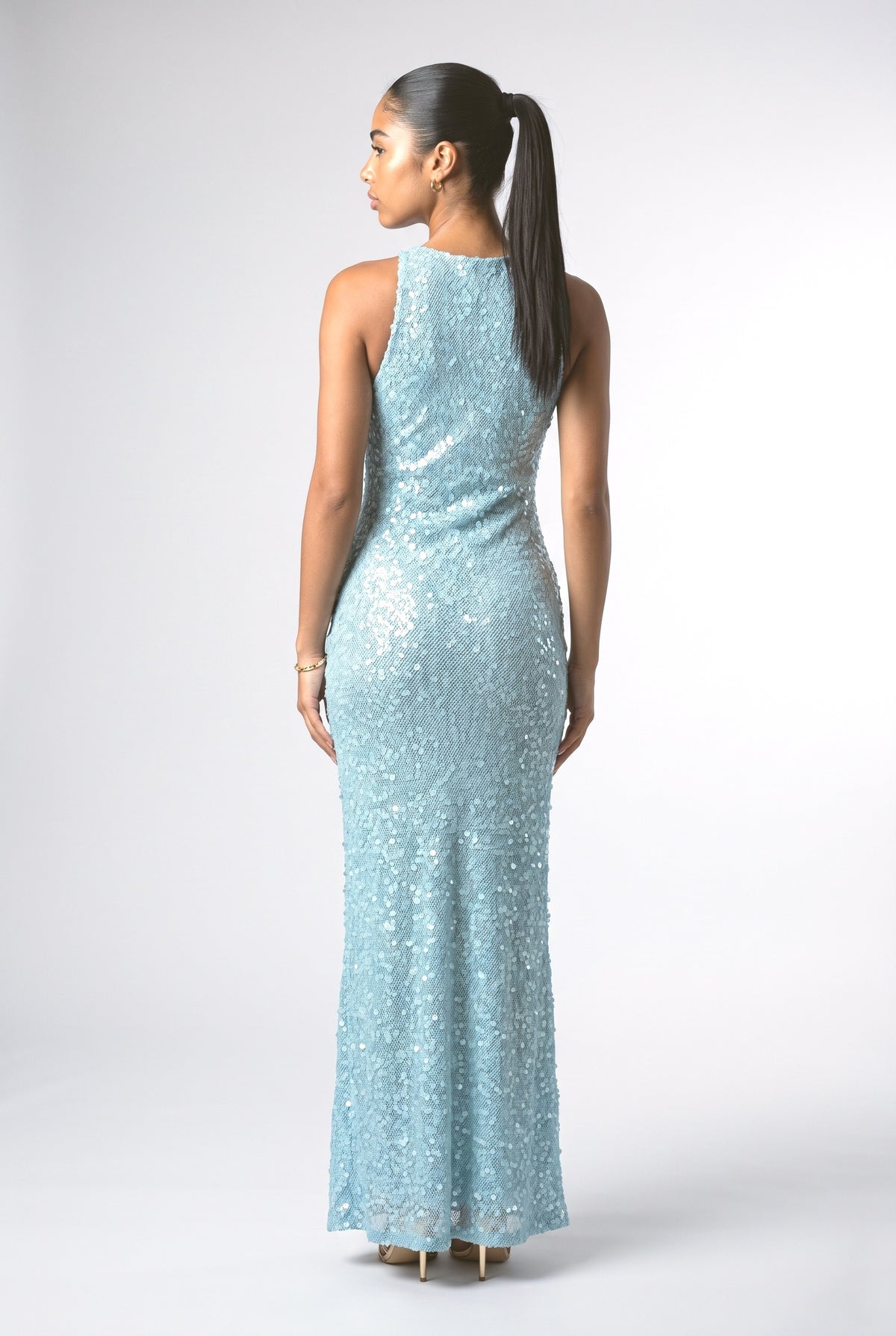 Blue Sequin Maxi Dress, back view