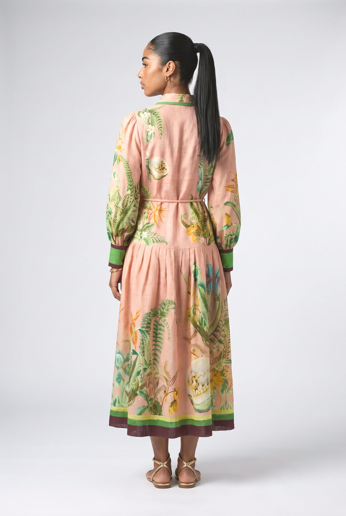 Papaya Bloom Belted Printed Maxi Dress, back view