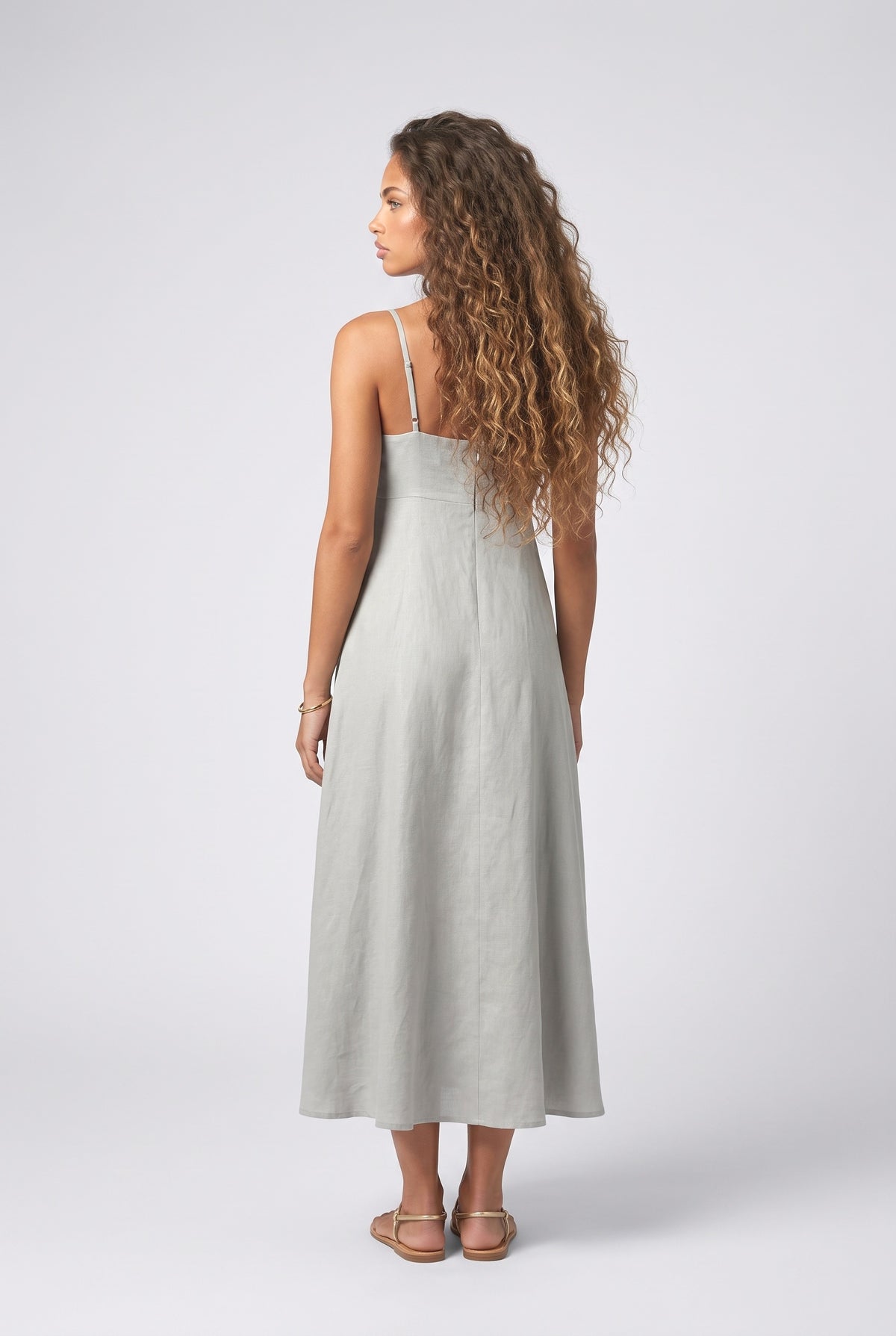 Blue Floral Linen Midi Dress, back view