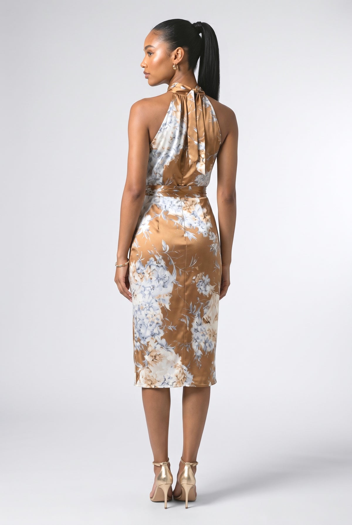 Brown Print Sleeveless Midi Dress, back view