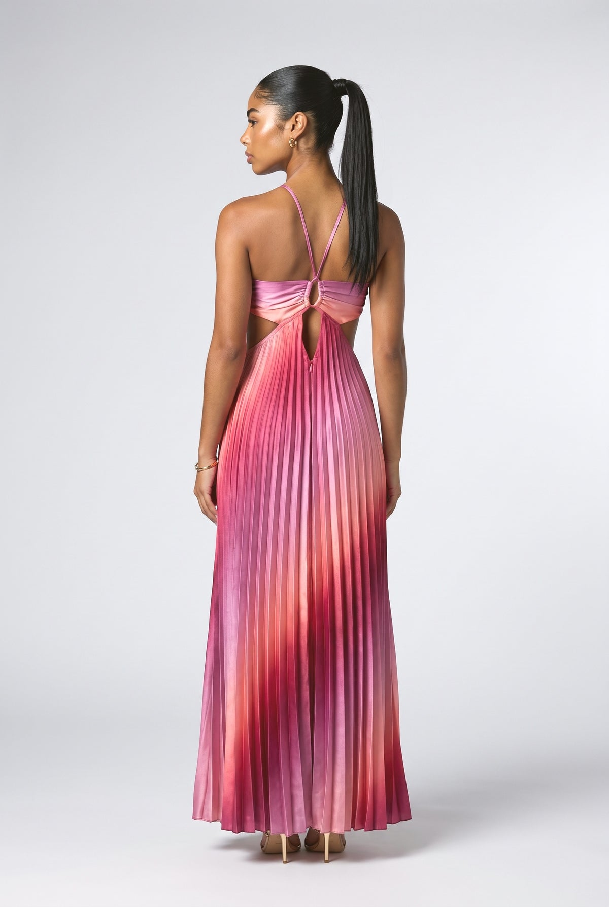 Ombre Halter Pleated Maxi Dress, back view