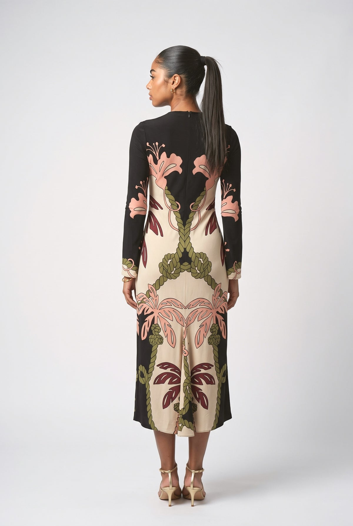Black Long Sleeve Midi Dress, back view