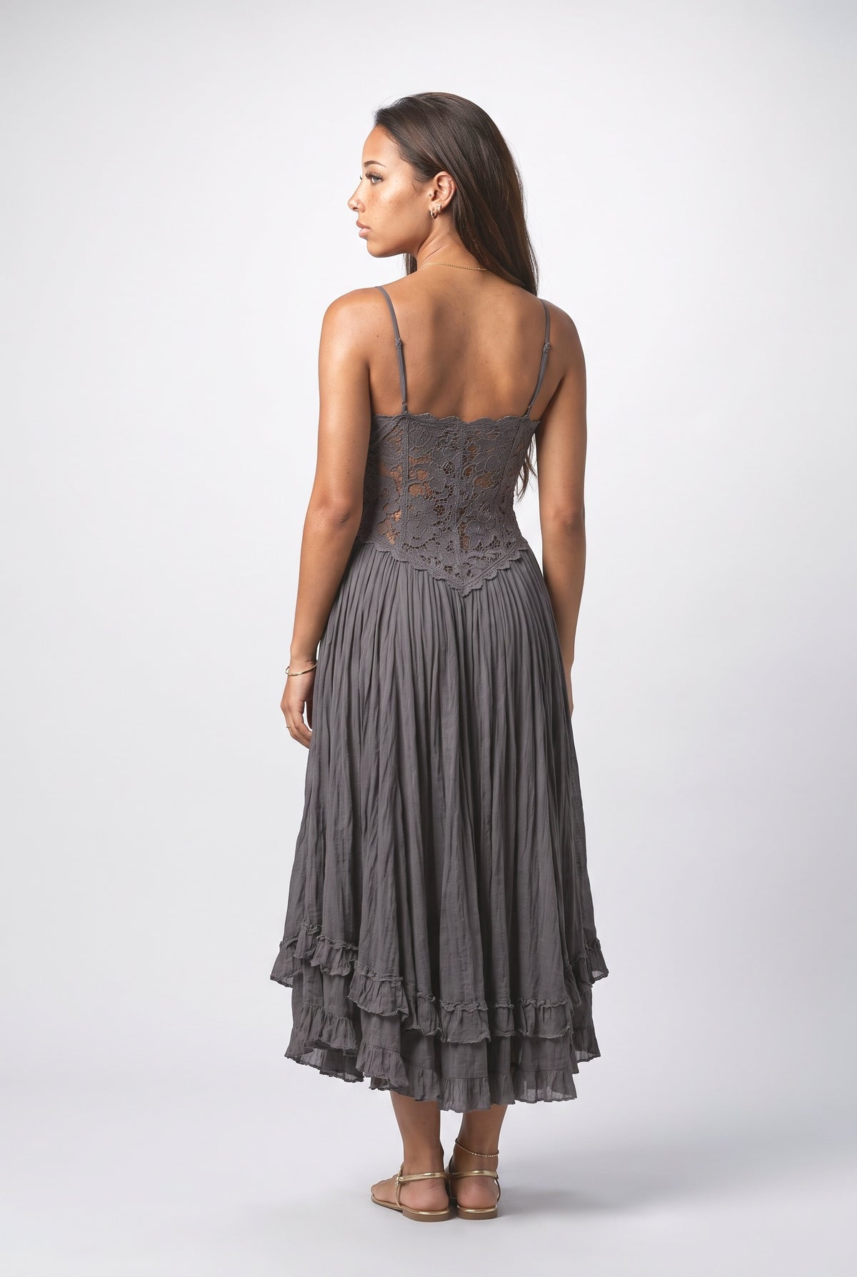 White Lace Ruffle Midi Dress, back view