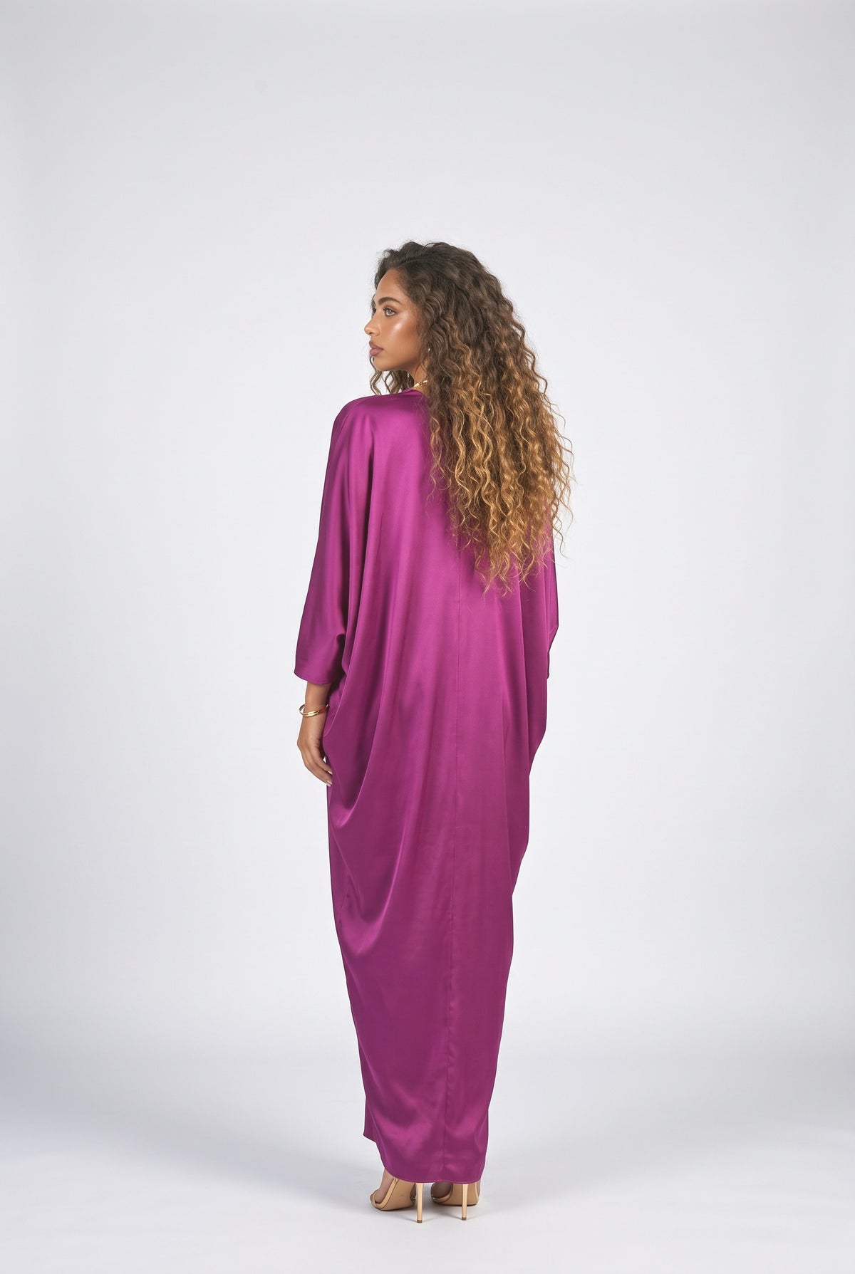 Satin Batwing Sleeve Draped Maxi Dress, back view