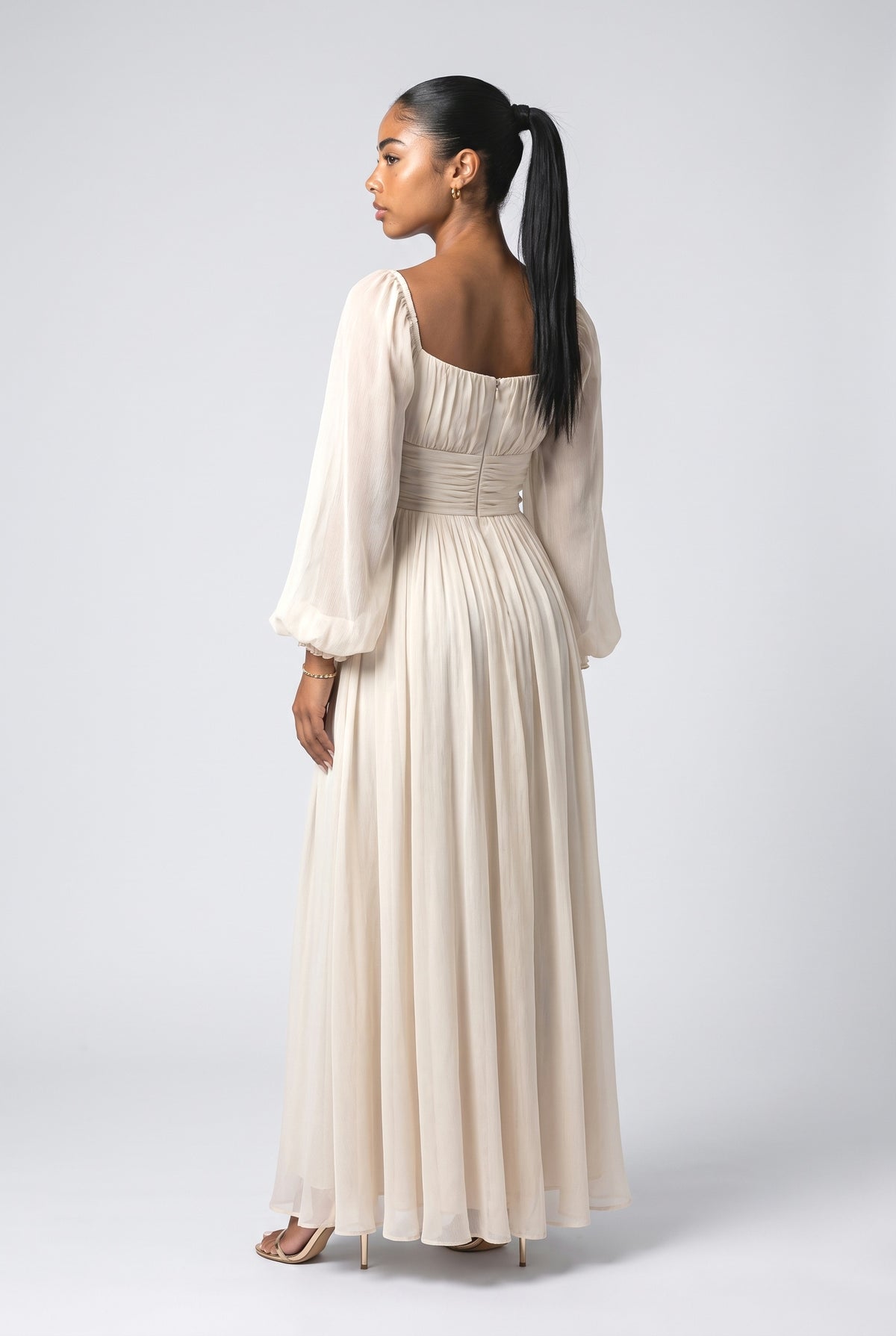 Beige Chiffon Puff Sleeve Pleated Maxi Dress, back view