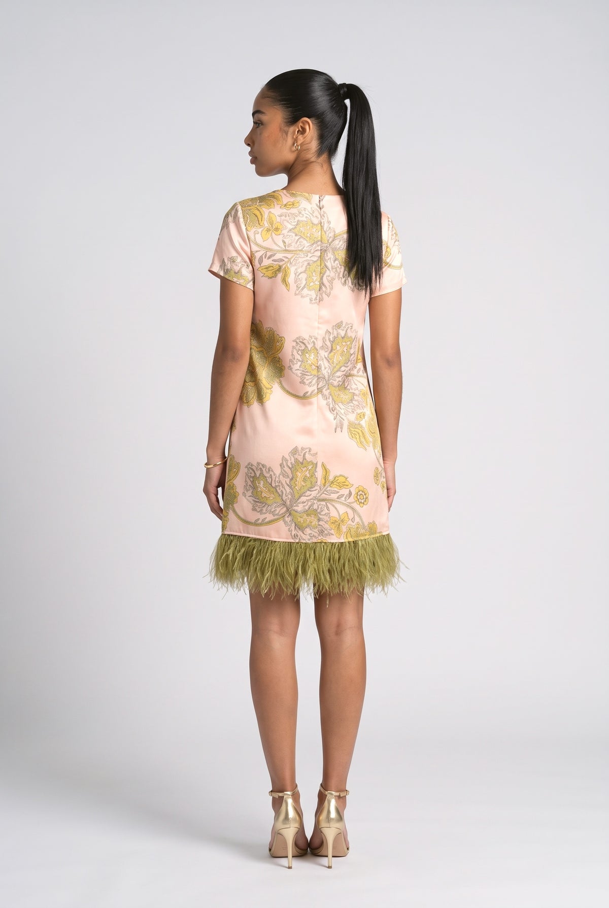 Pink Print Satin Fringe Mini Dress, back view