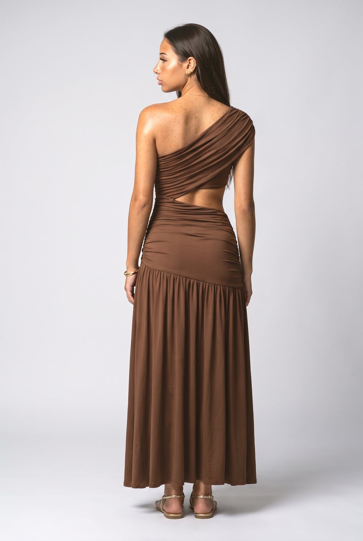 Brown Off-Shoulder Maxi Dress, back view