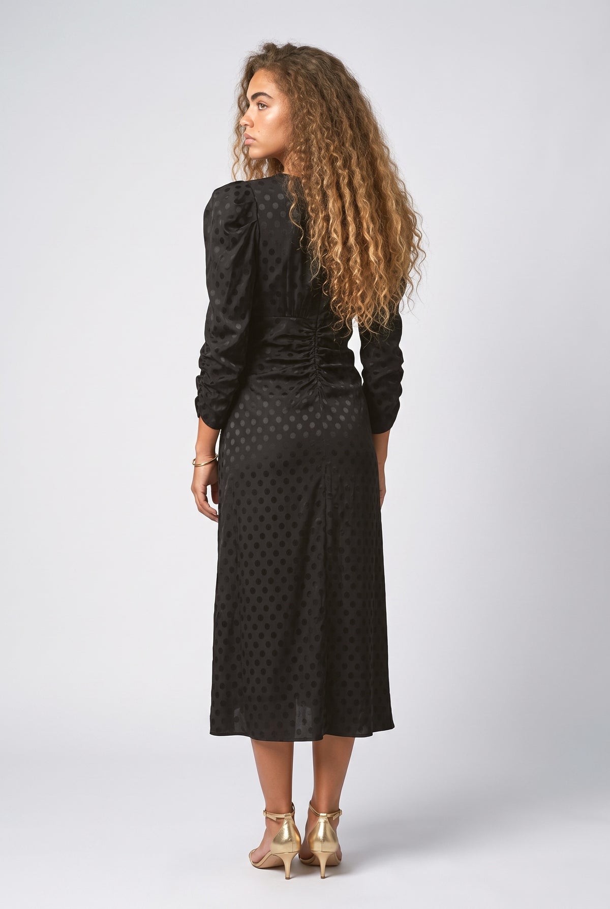 Black Polka Dot Satin Ruched Midi Dress, back view