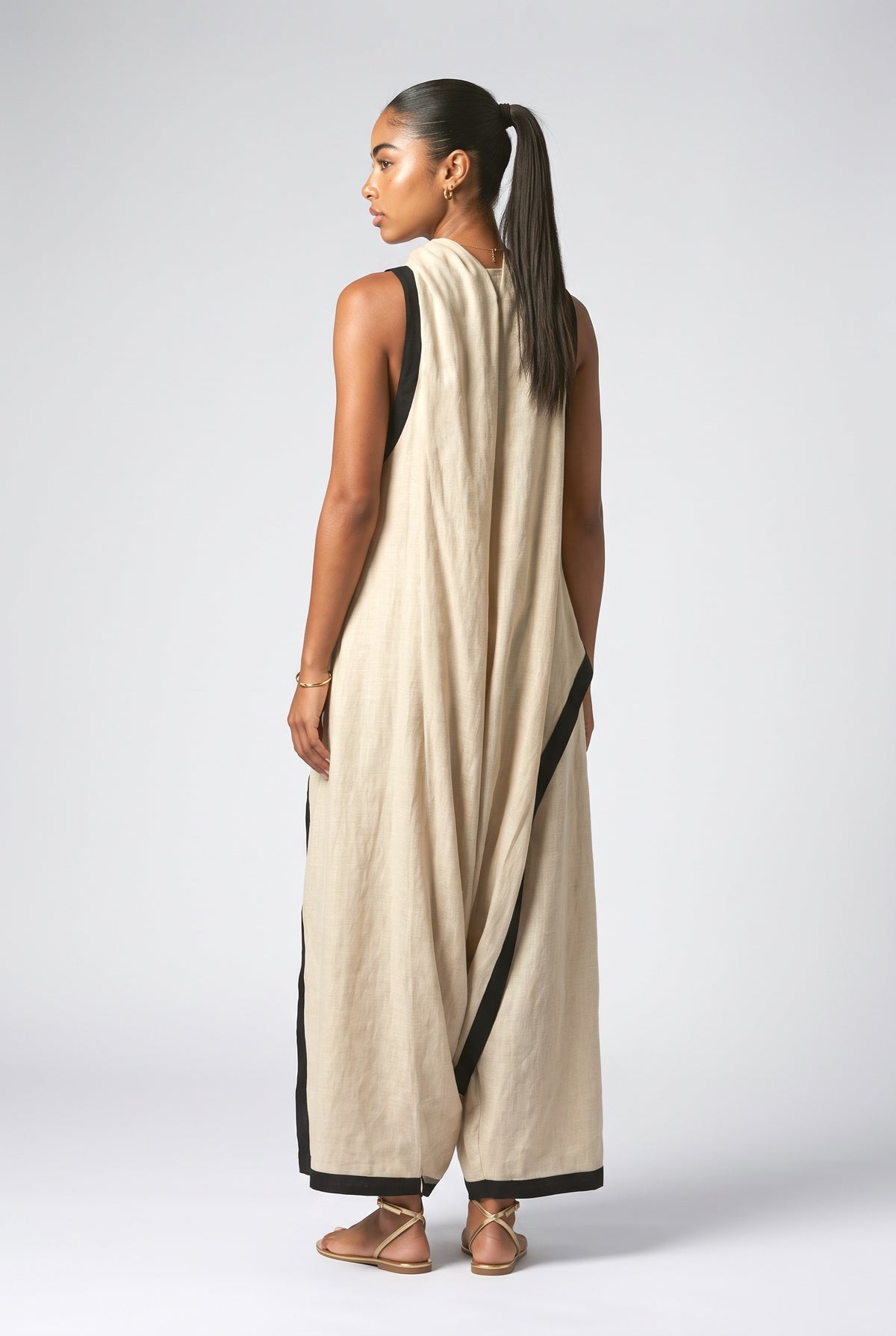 Color Contrast Design Irregular Hem Top and Wide Leg Pants Set, back view