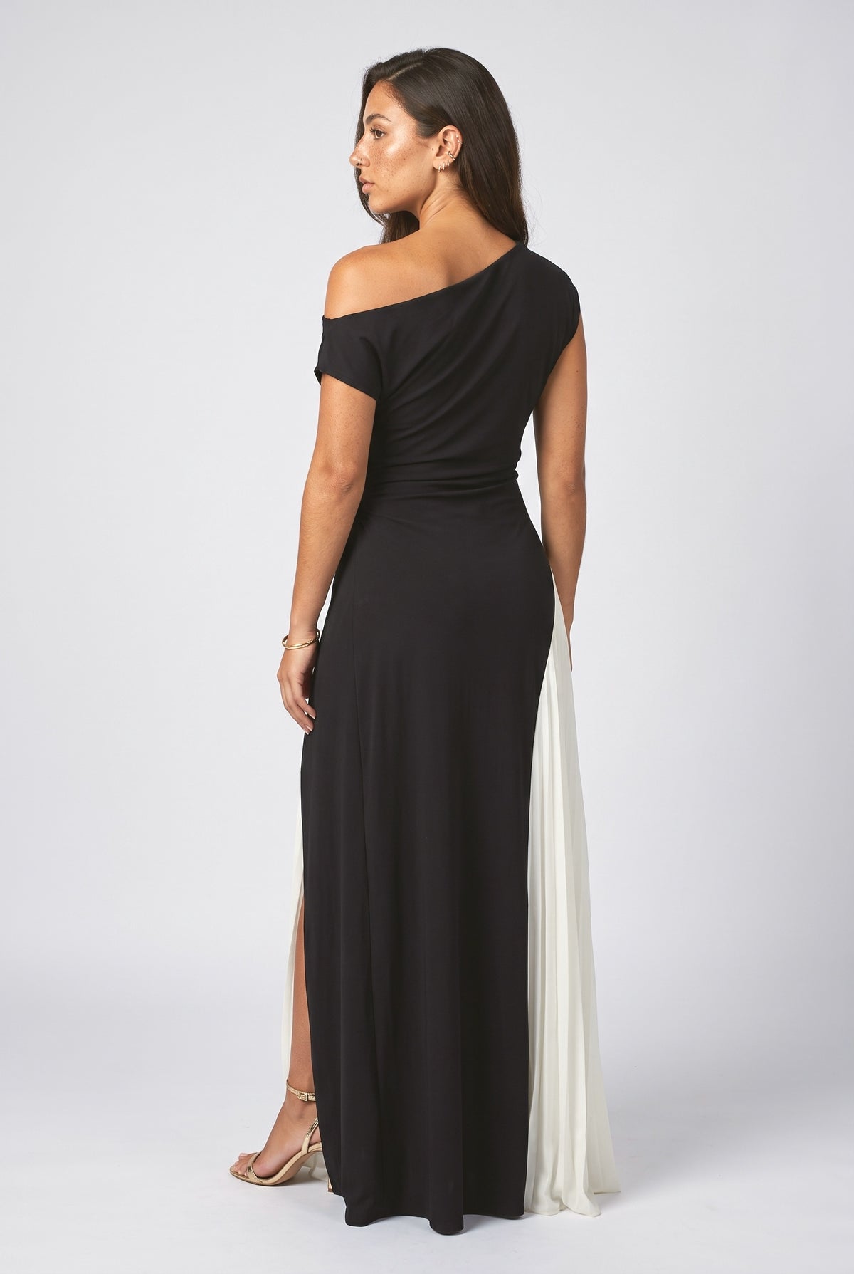 Black Off-Shoulder Pleated Maxi Dress, back view