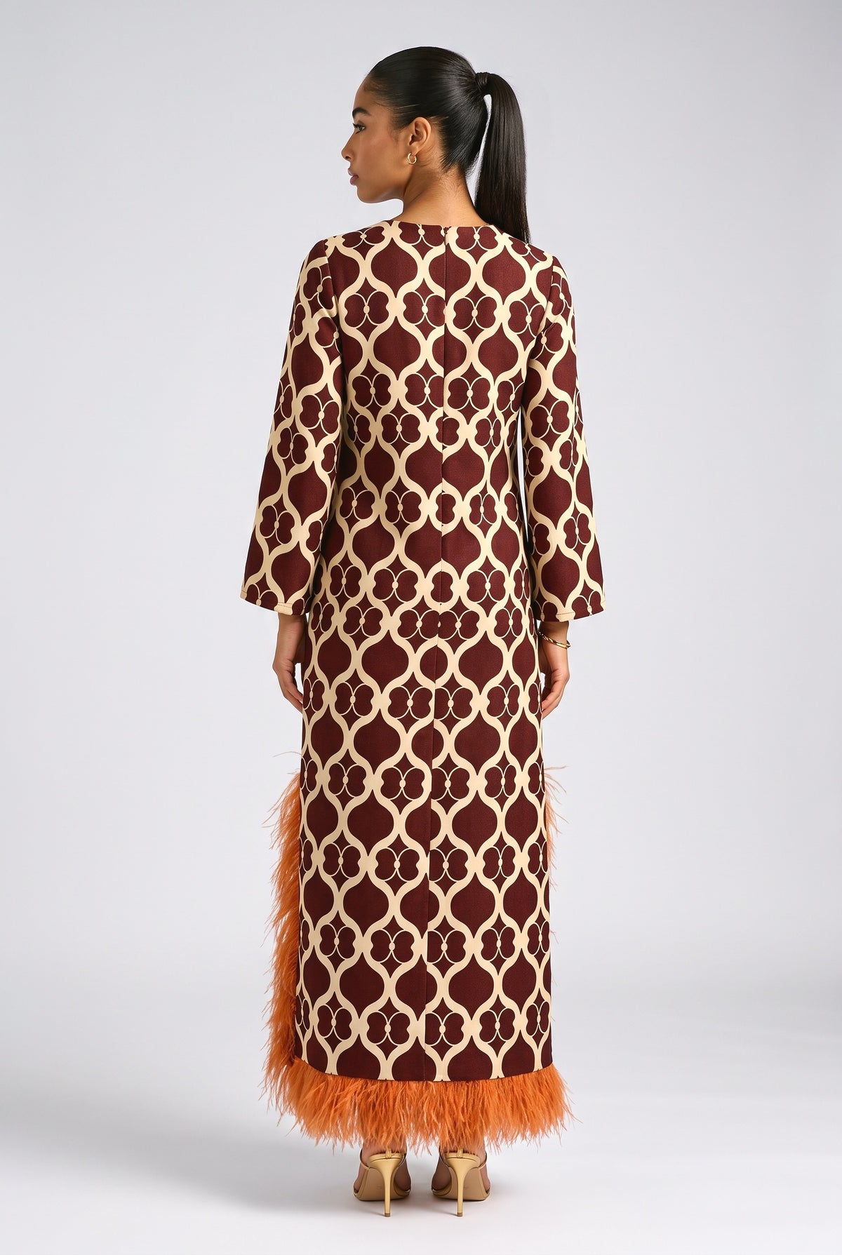 Brown Print Feather Trim Maxi Dress, back view