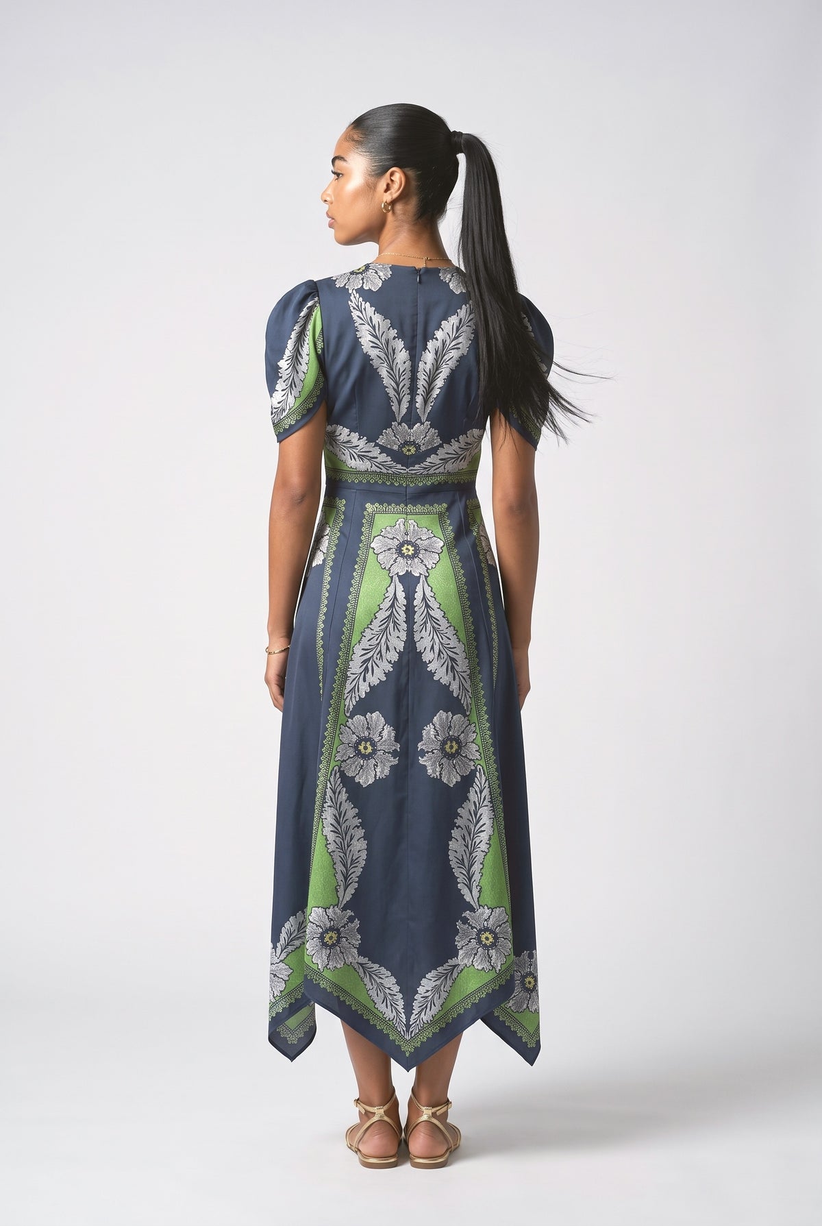 Navy Print Satin Midi Dress, back view