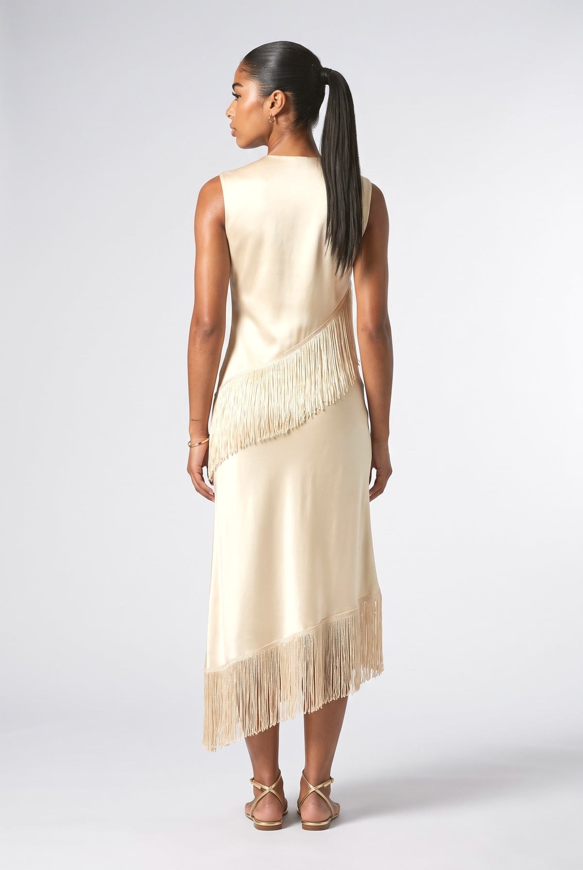 Beige Satin Sleeveless Fringe Midi Dress, back view