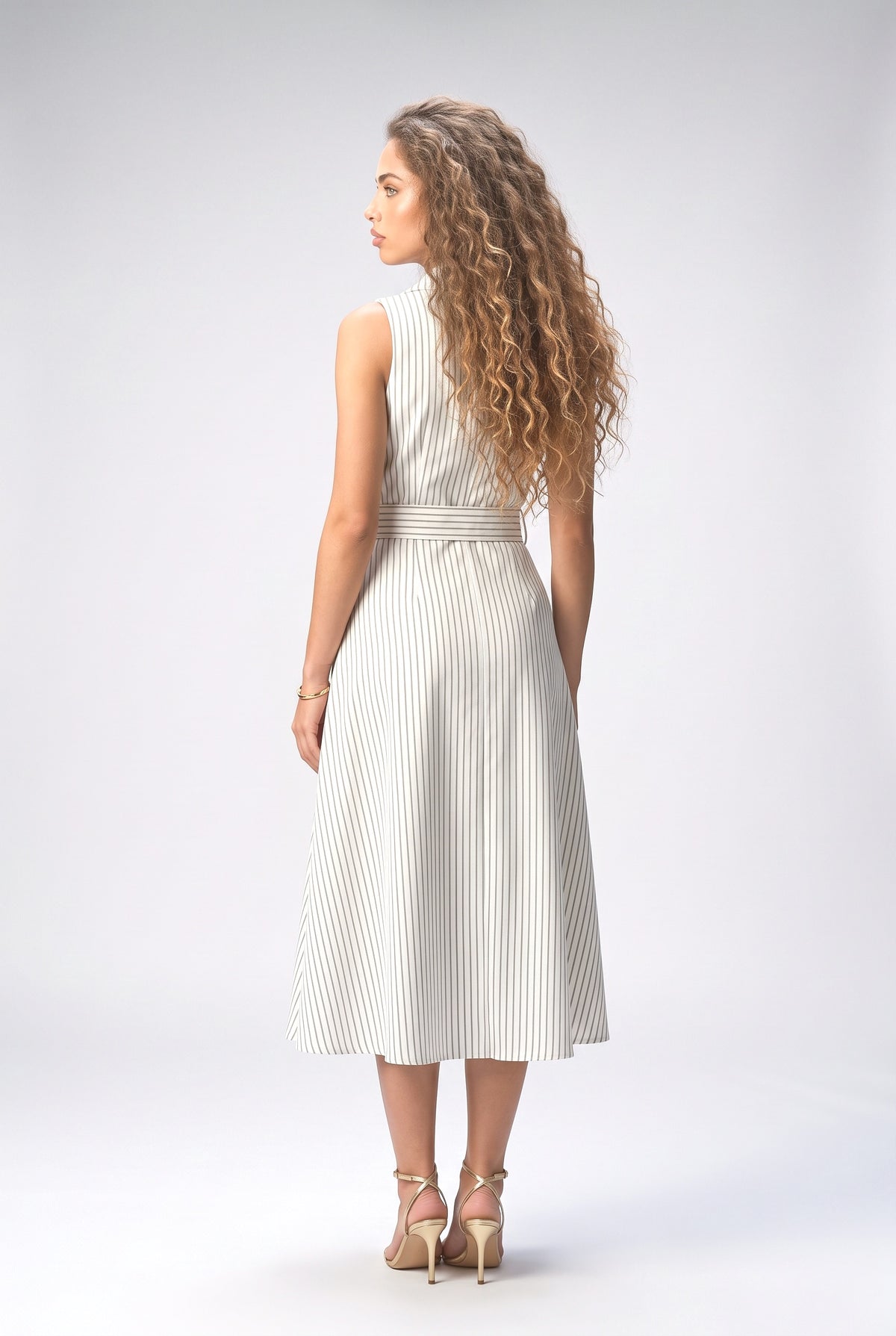 White Striped Sleeveless Midi Dress, back view