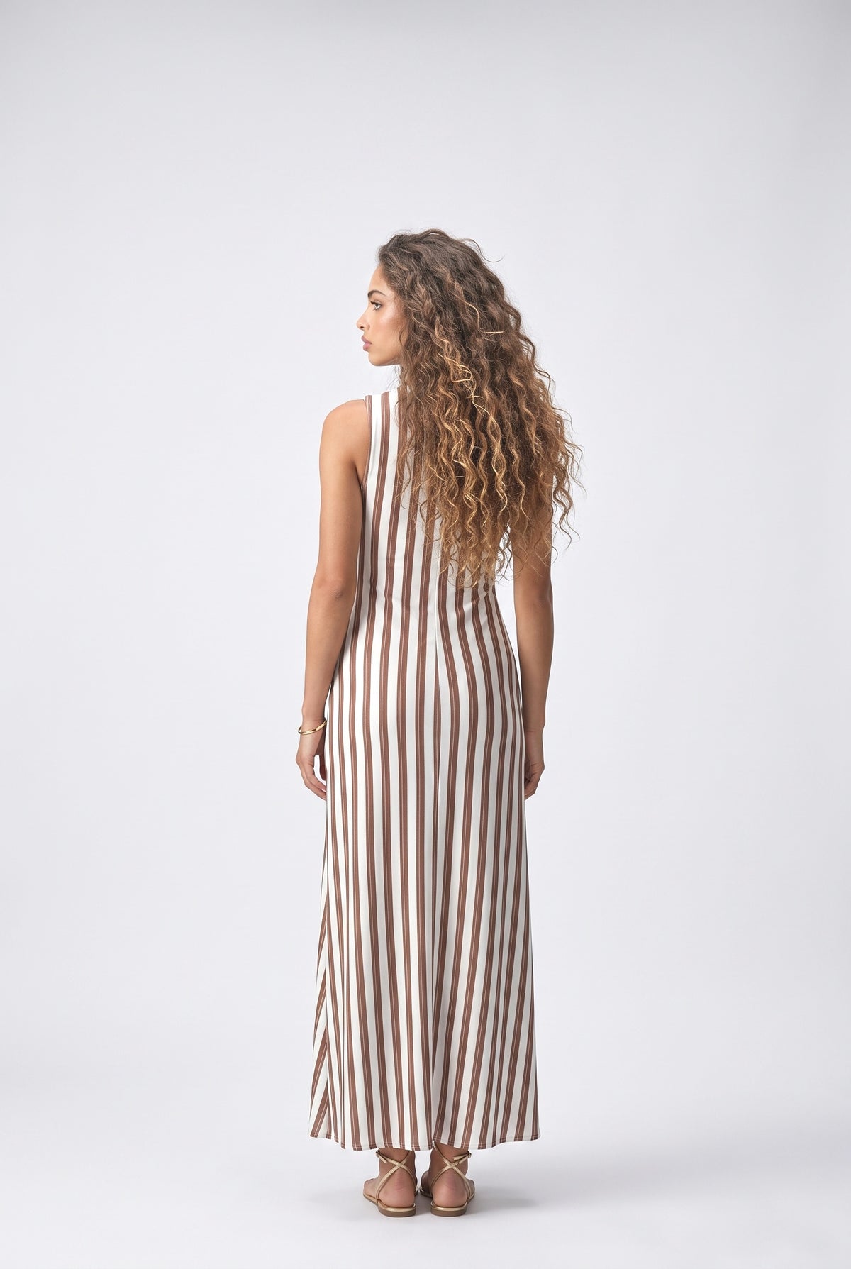 Brown Striped Sleeveless Maxi Dress, back view