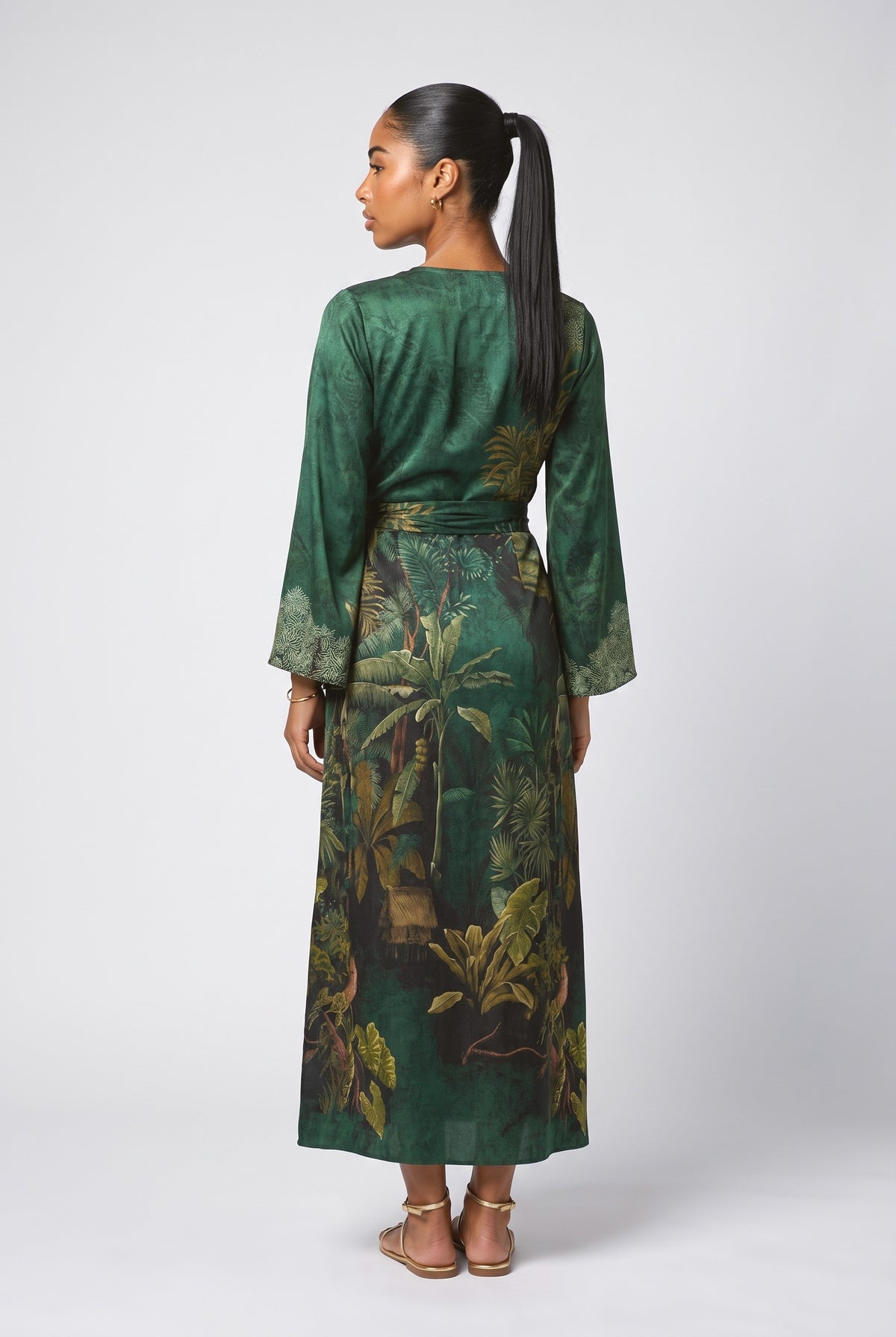 Green Print Satin Wrap Midi Dress, back view