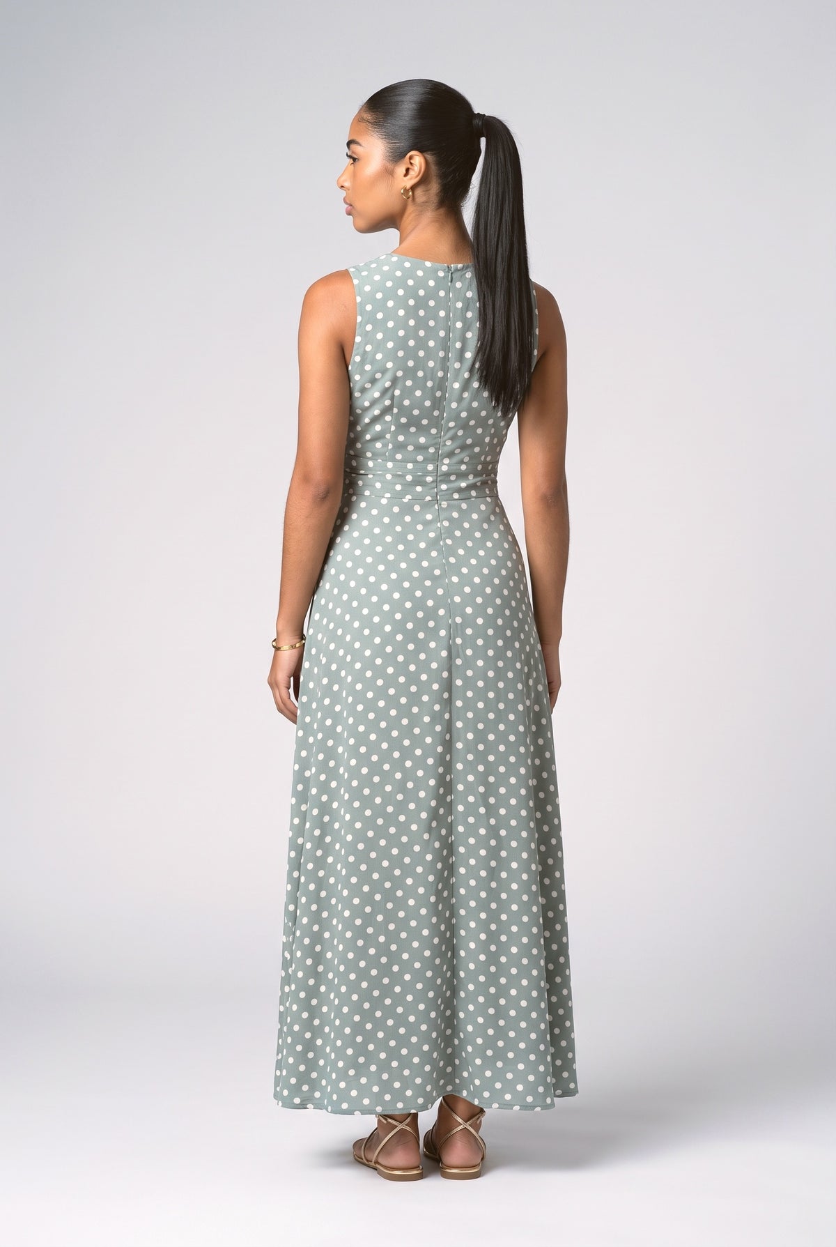 White Polka Dot Pleated Maxi Dress, back view