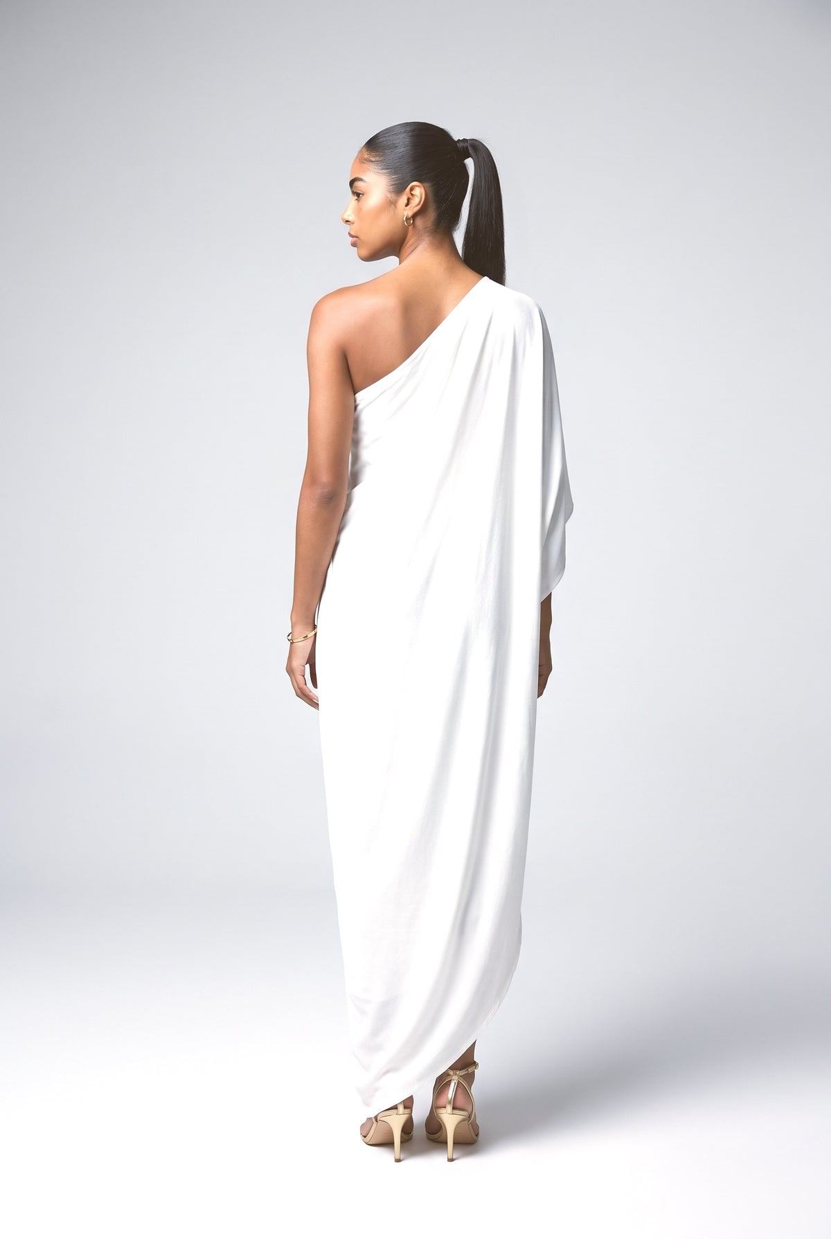 White One-Shoulder Draped Maxi Dress, back view