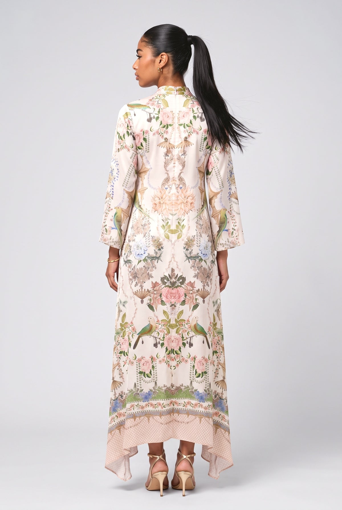 Multicolor Floral Satin Maxi Dress, back view