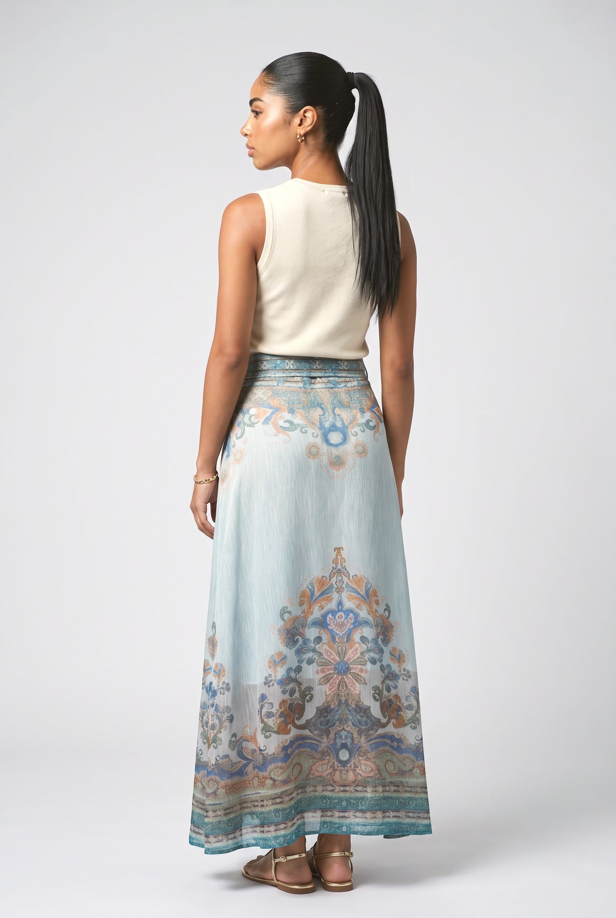 Paisley Pattern Self-Tie Belt Long Skirt, back view