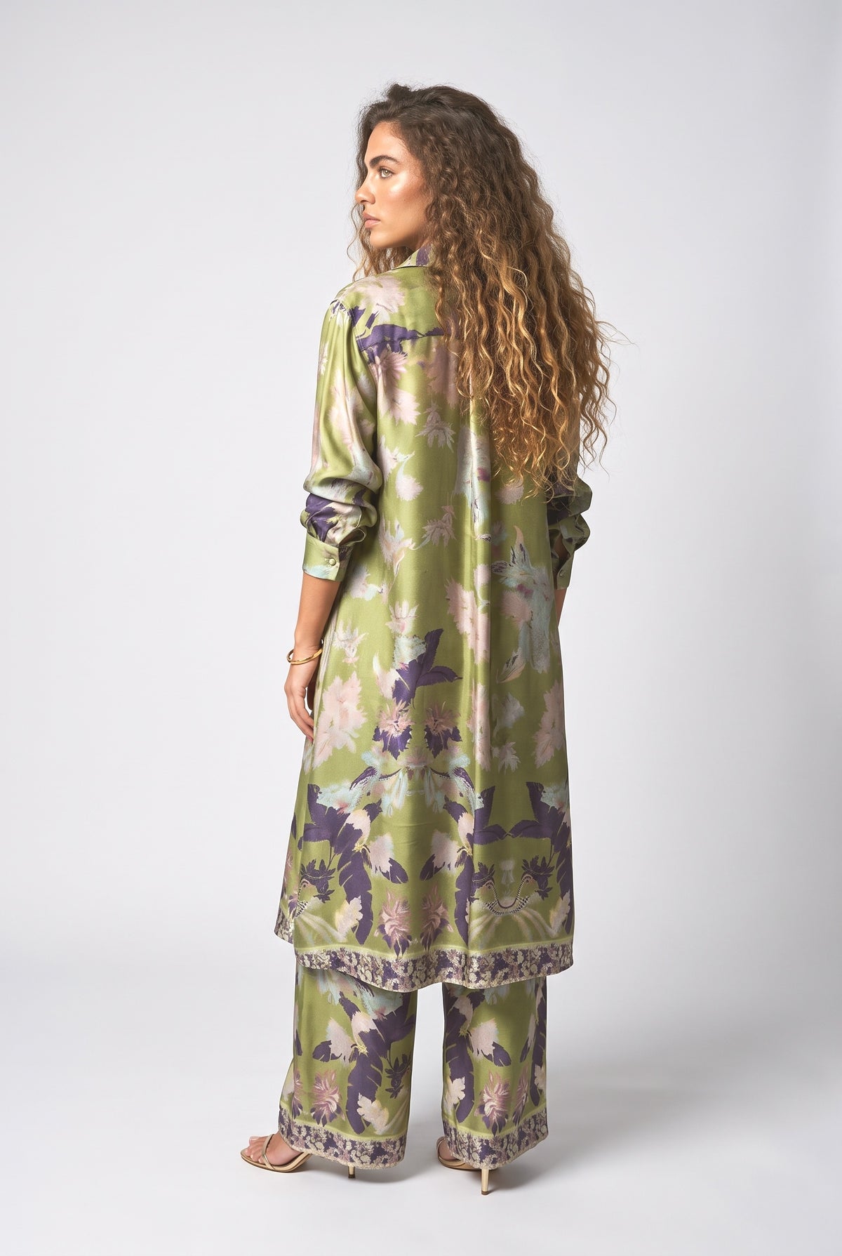 Satin Floral Print Button-down Two-piece Set, back view