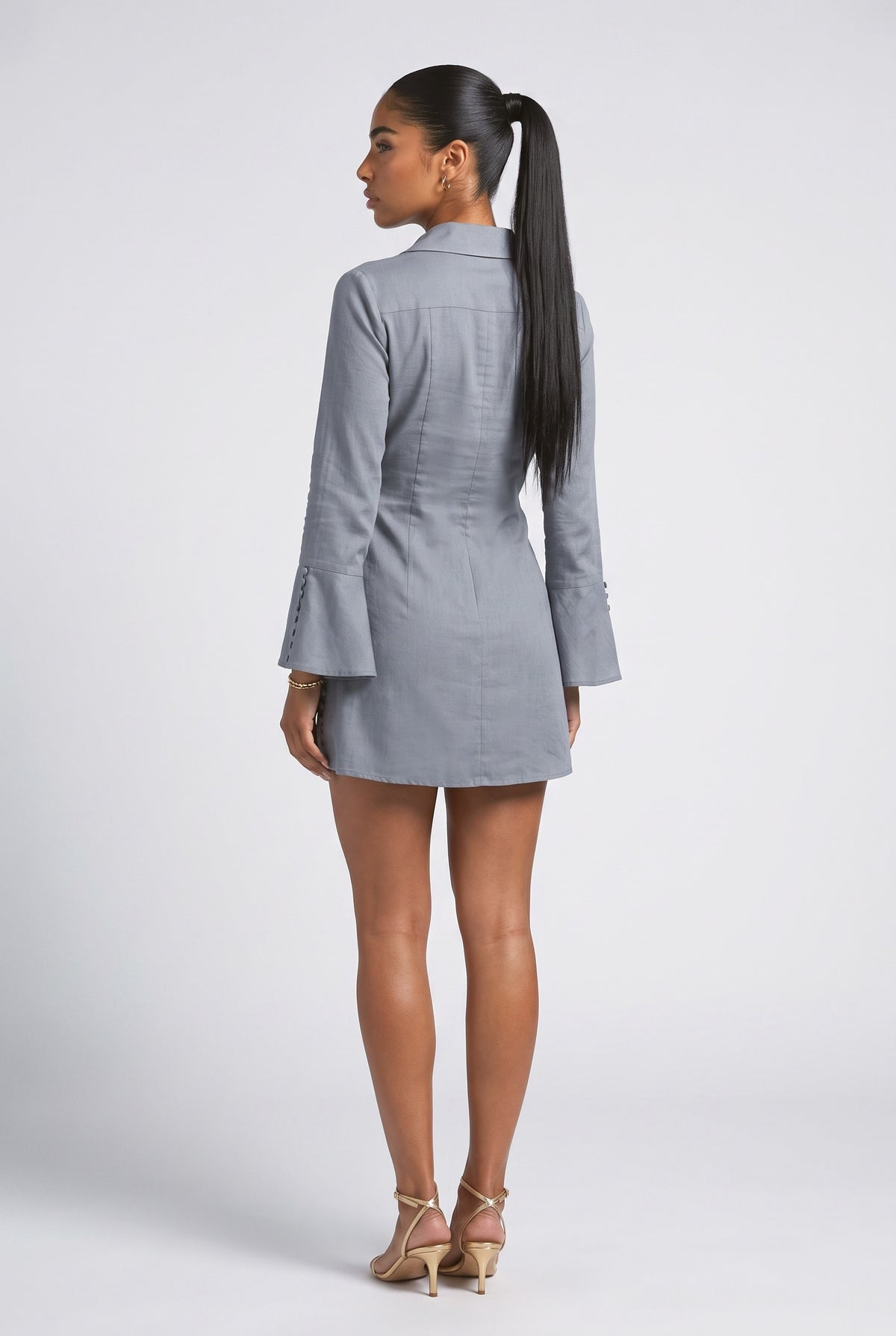 Button-Front Flared Sleeve Shirt Mini Dress, back view