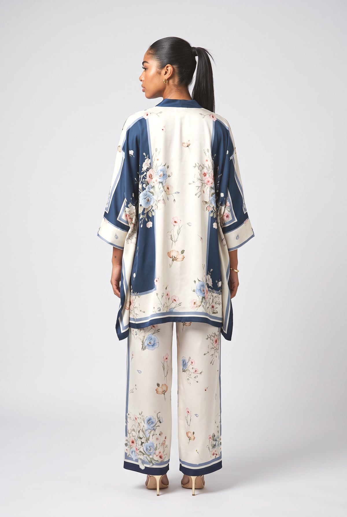 Blue Satin Batwing Sleeve Outfit Set, back view