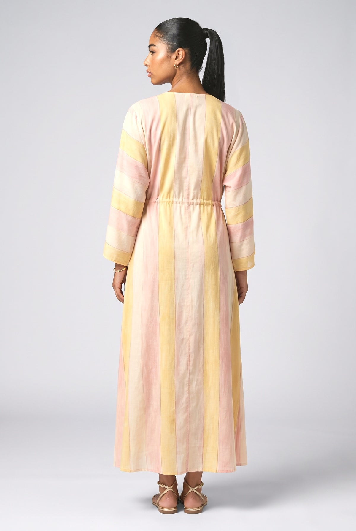 Stripe Print Tie-Waist Kaftan Maxi Dress, back view