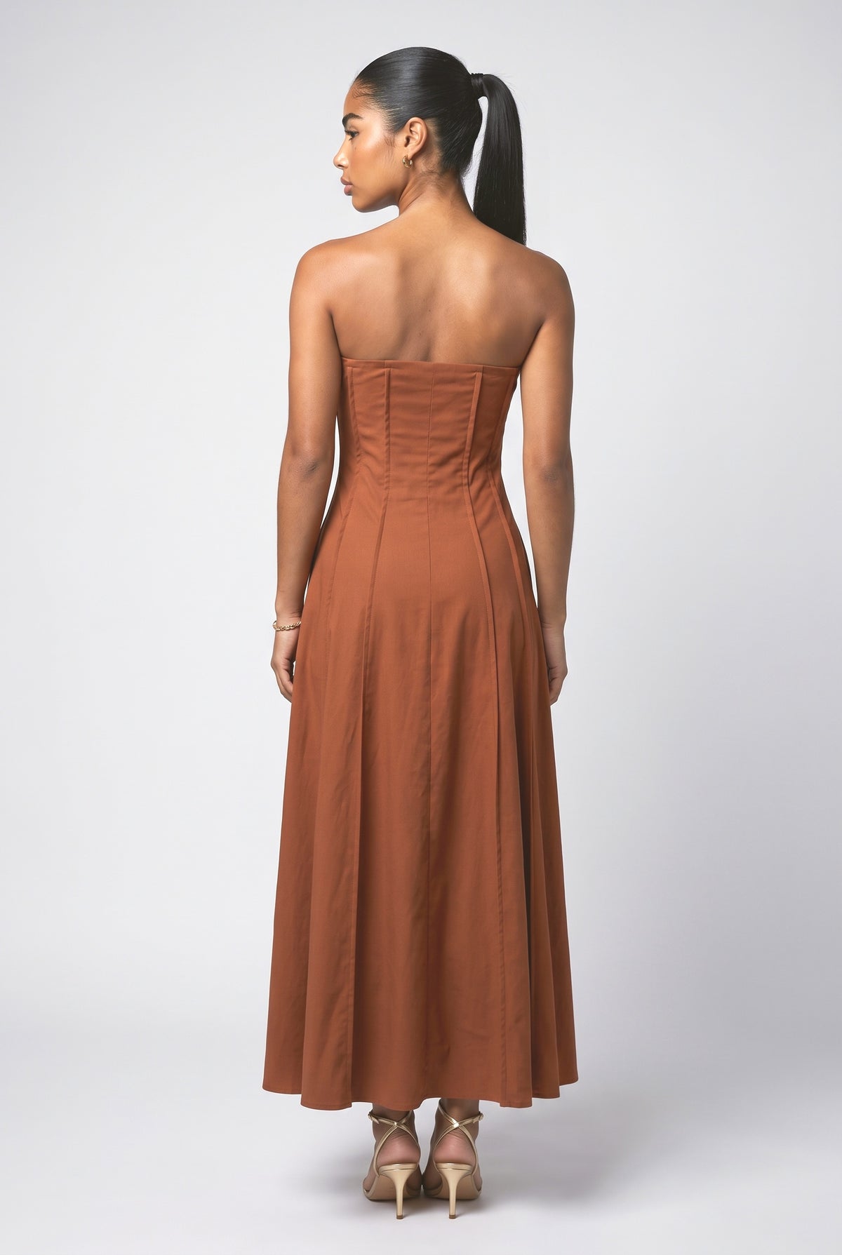Orange Strapless A-Line Maxi Dress, back view