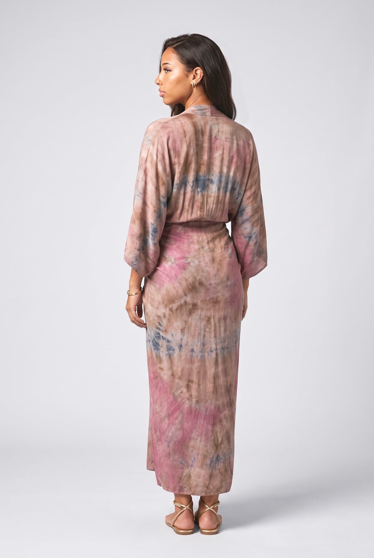 Bohemian Kimono-Inspired Tie-Dye Print Waist-Tie Maxi Dress, back view