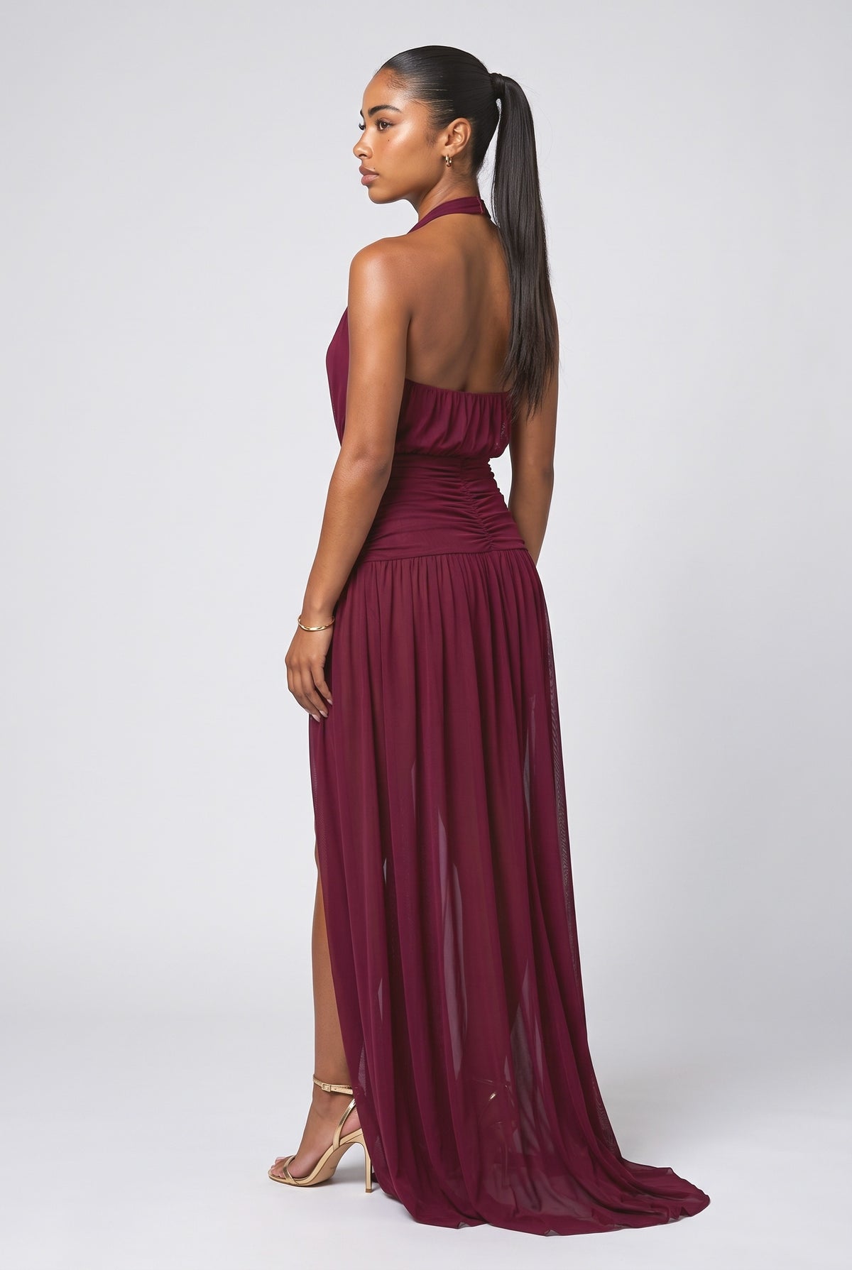 Mesh Halter Neck Ruffle Maxi Dress, back view