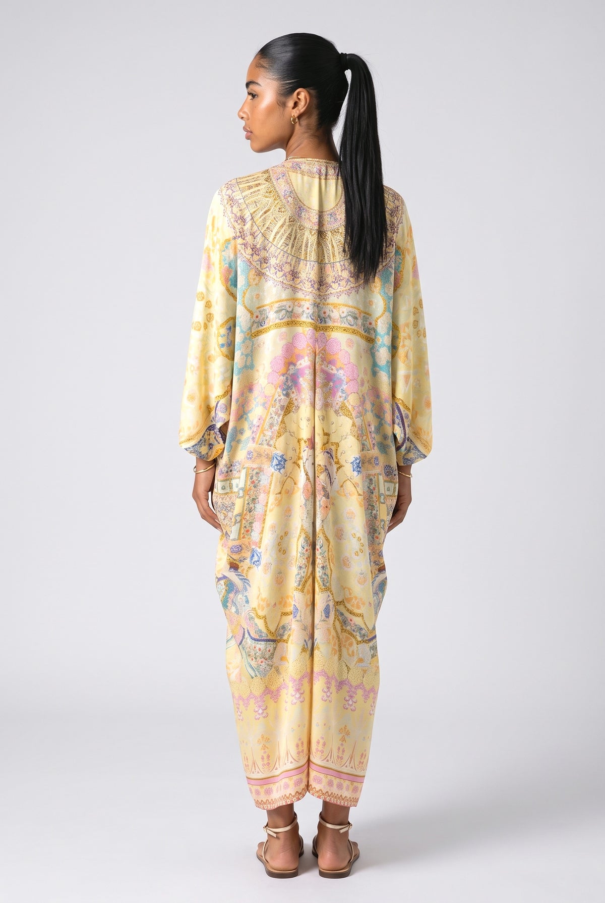 Yellow Floral Silky Maxi Dress, back view