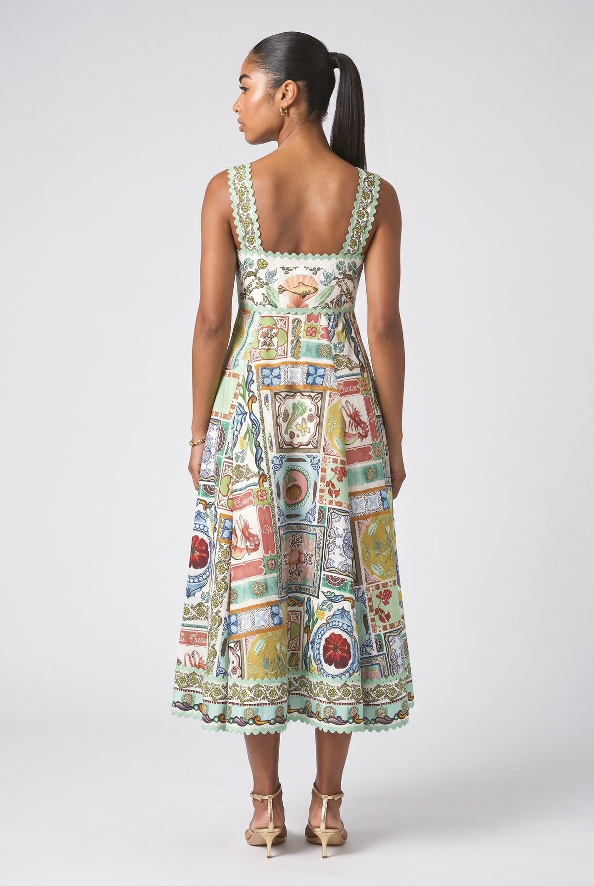 Green Print Square Neck A-Line Midi Dress, back view
