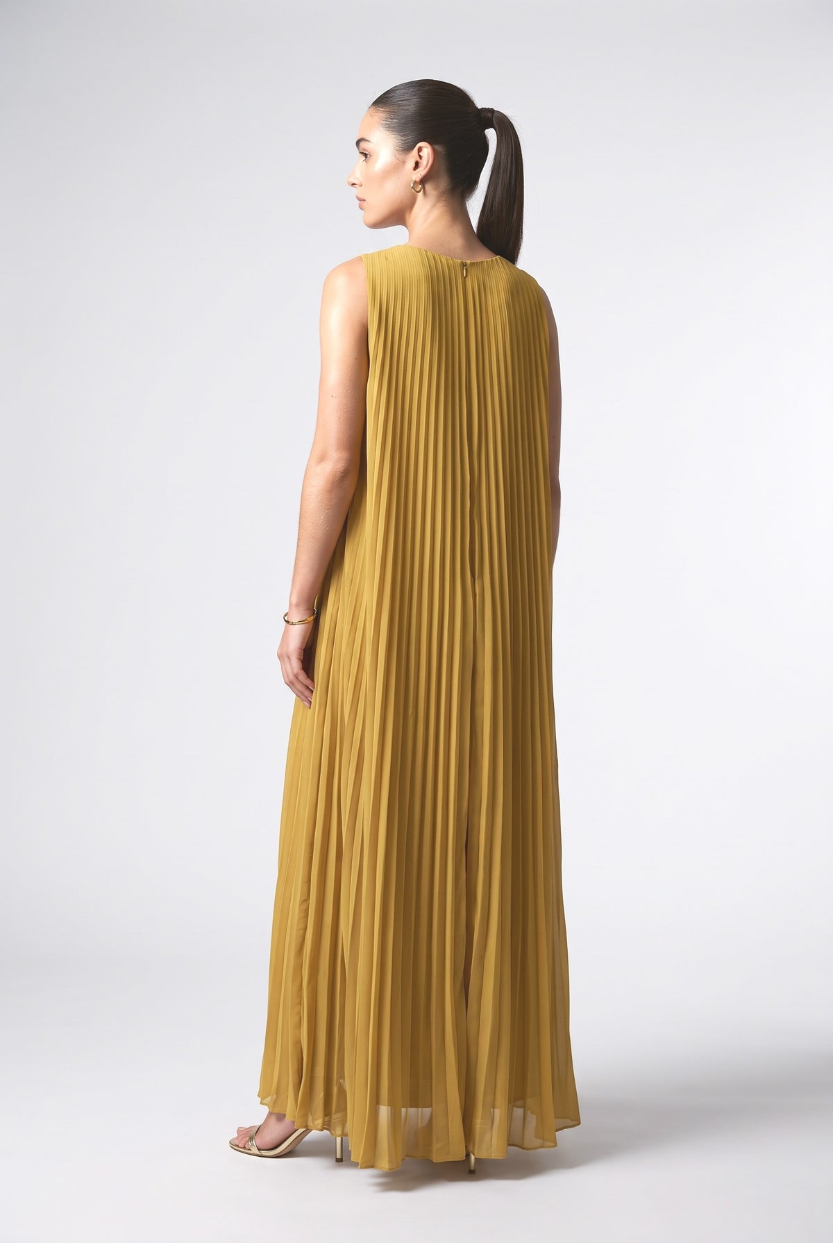 Yellow Chiffon V-Neck Pleated Maxi Dress, back view