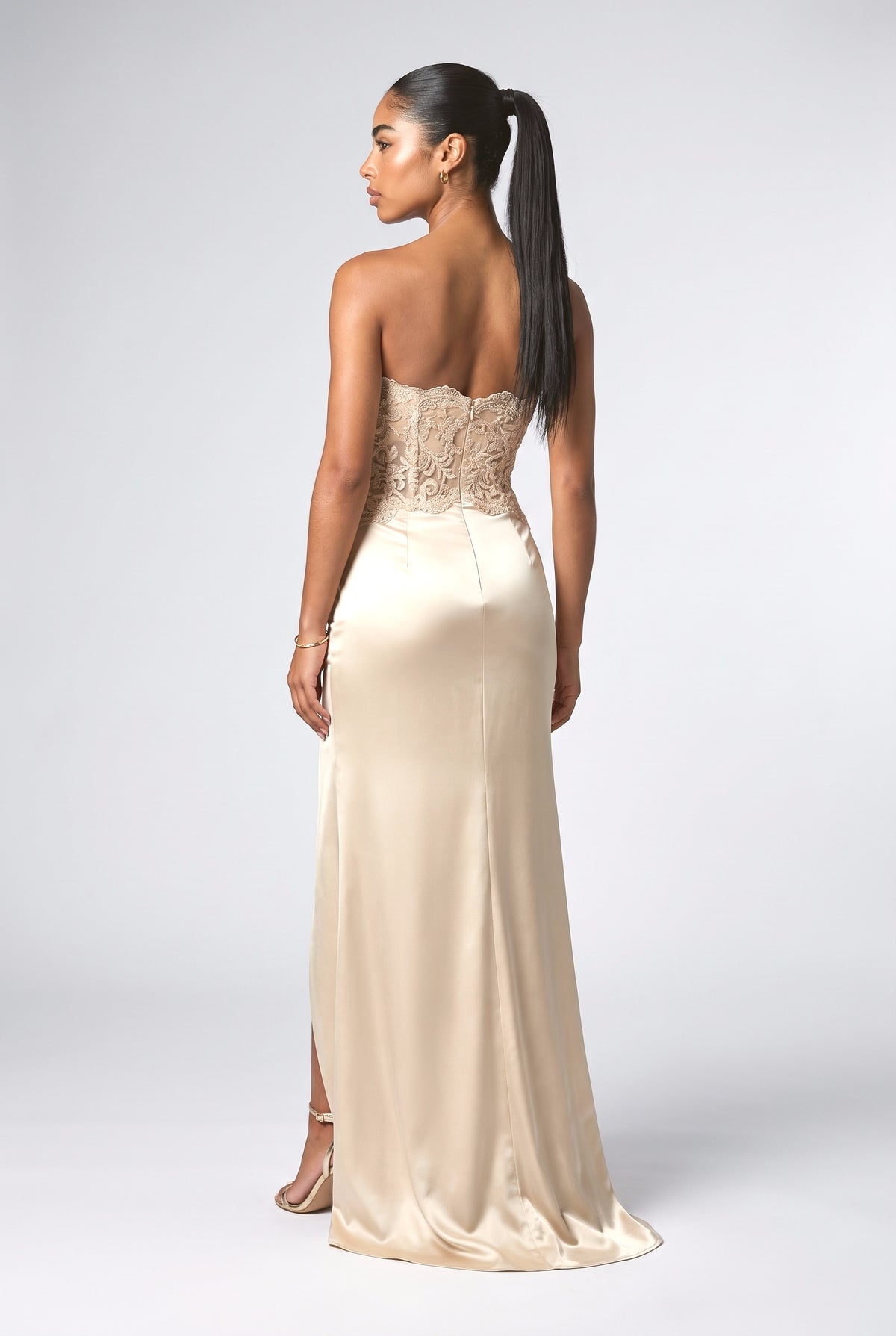 Beige Floral Satin Strapless Maxi Dress, back view