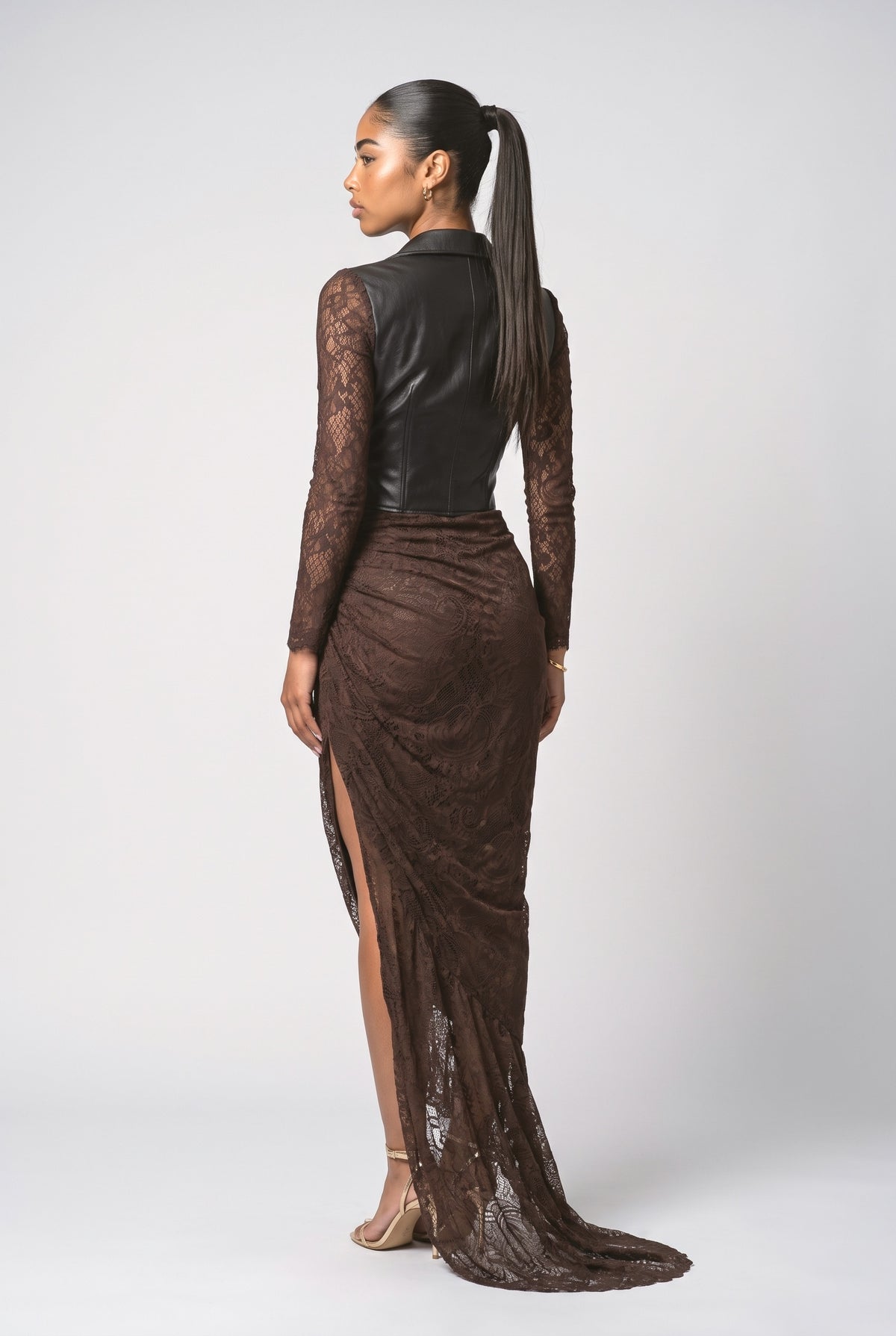Brown Lace Long Sleeve Maxi Dress, back view