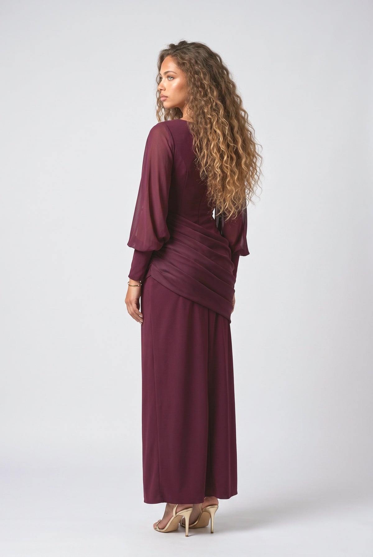 Burgundy Long Sleeve Pleated Maxi Dress, back view