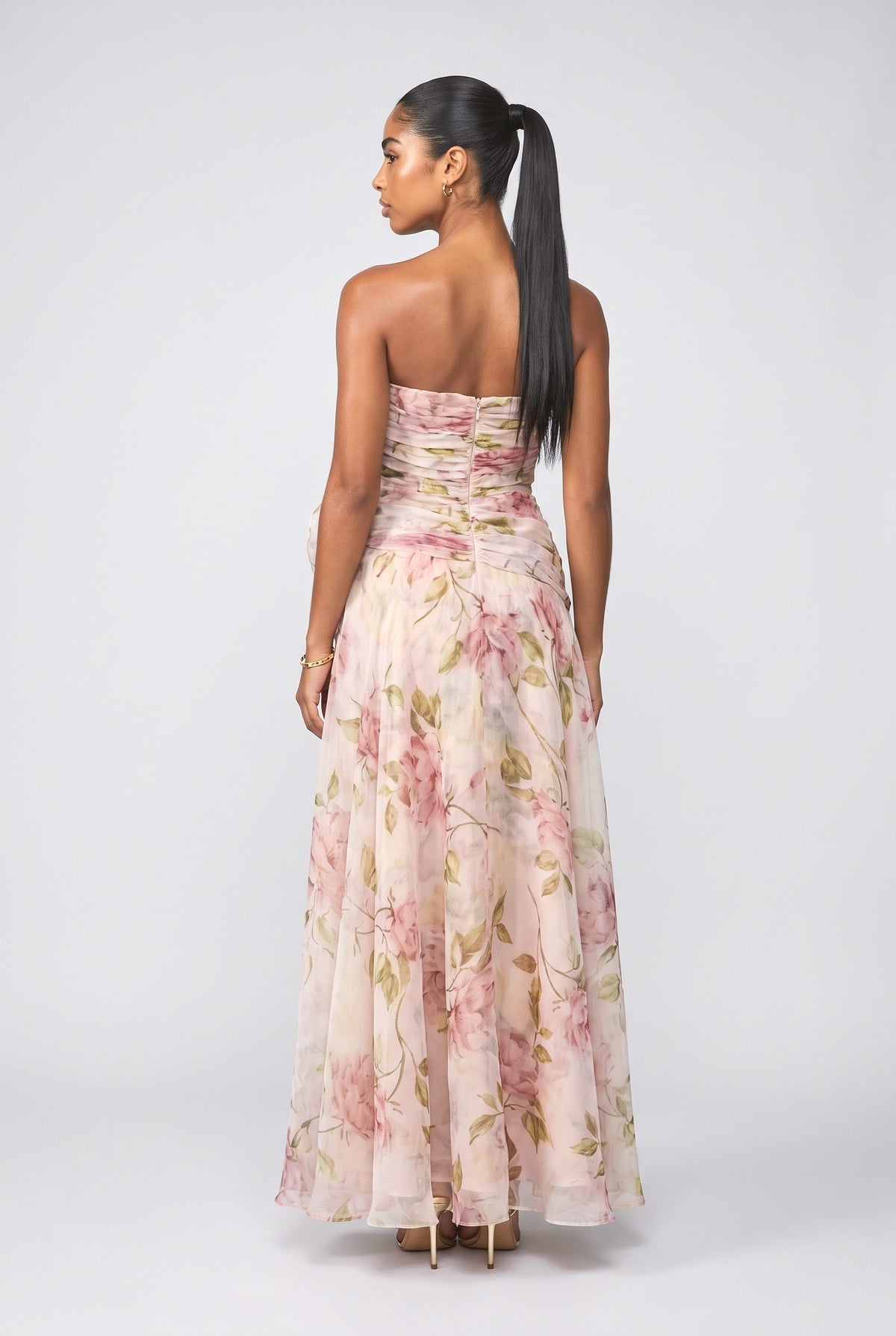 Floral Chiffon Strapless Maxi Dress, back view