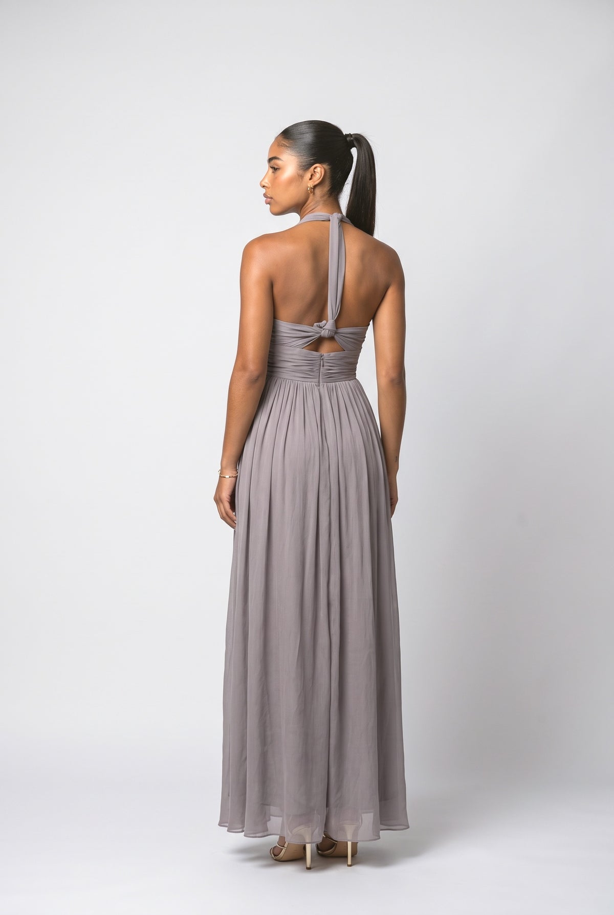 Purple Halter Neck Ruched Maxi Dress, back view
