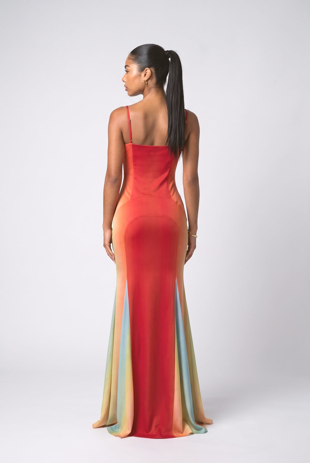 Gradient Ombre Satin Mermaid Maxi Dress, back view