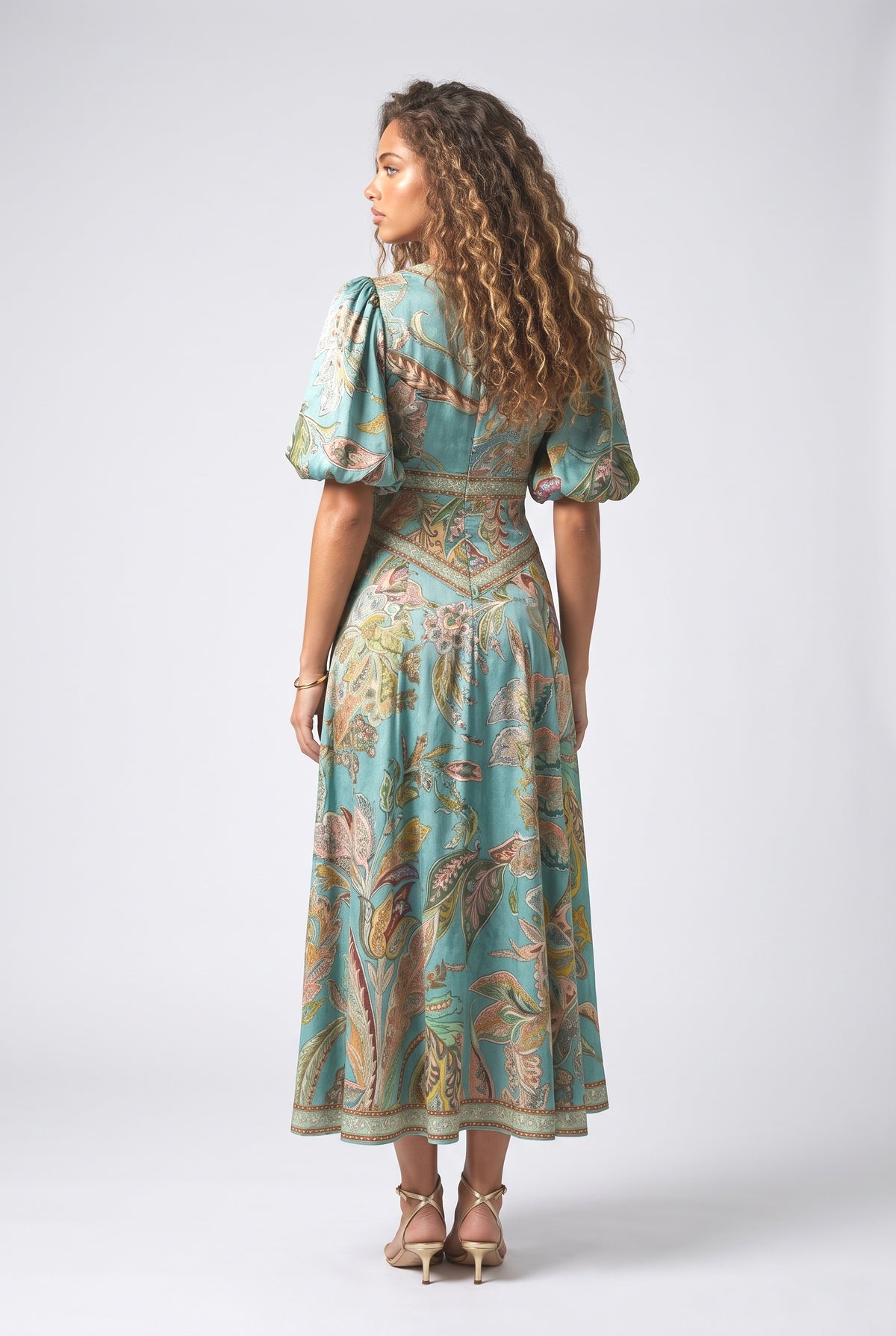 Green Floral Satin Puff Sleeve Midi Dress, back view