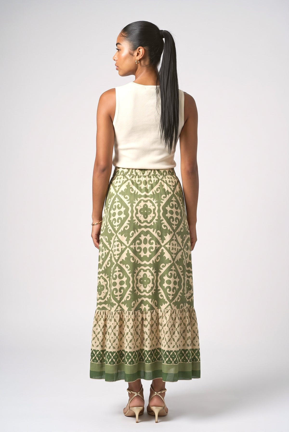 Print Stitching Swing Skirt, back view
